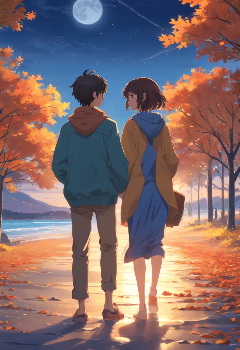 Wallpapers,tmasterpiece,best qualtiy,cinematic Film still from,couple,A full moon,autumnal,beachside