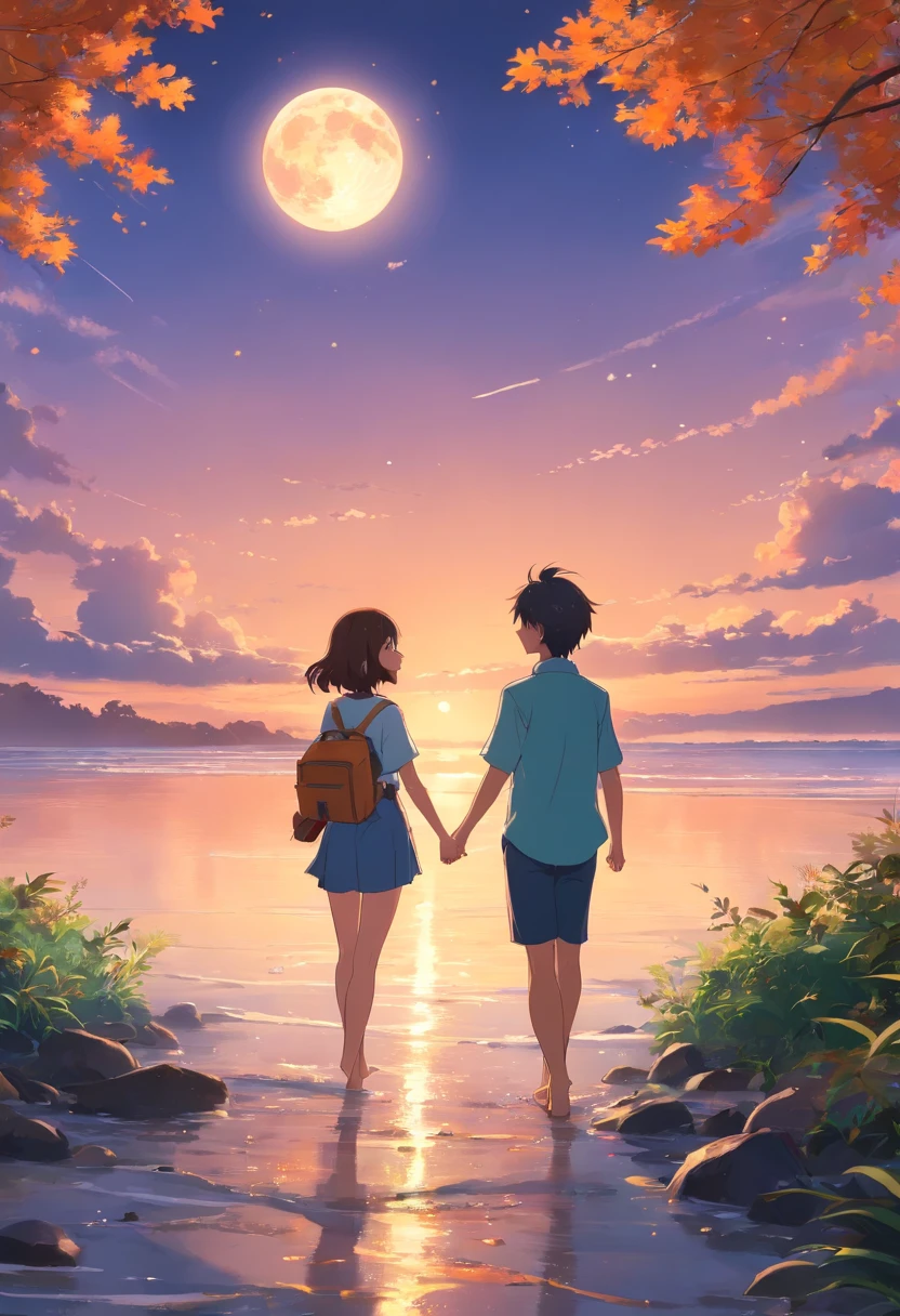 Wallpapers,tmasterpiece,best qualtiy,cinematic Film still from,couple,A full moon,autumnal,beachside
