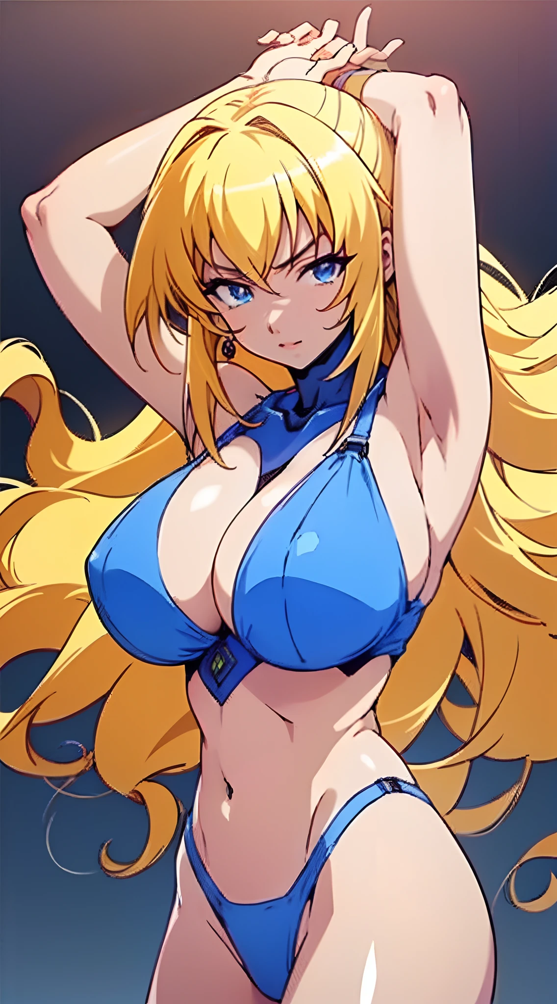 " ((All briefs and bra body visible)), (arms above head),(" warrior gear cyber woman background "),(Watters evaporation),(blue eyes), (long hair), (huge tits),(masterpiece anime face ),(1girl),(realistic), (masterpiece eyes detailed) "