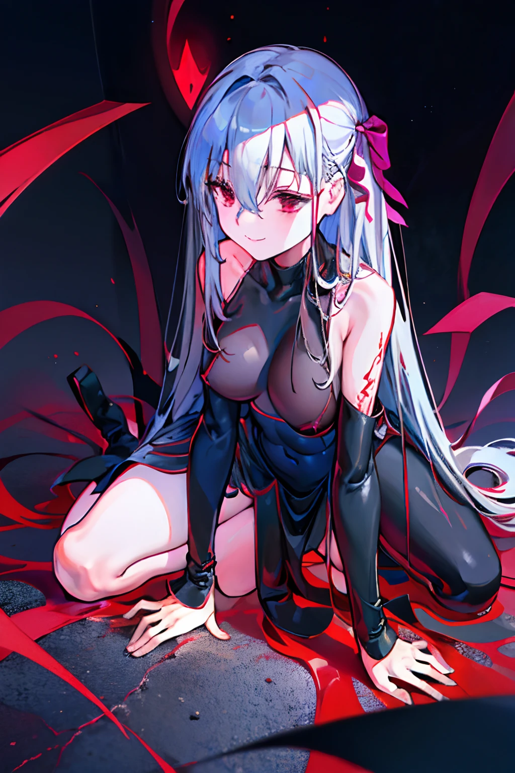 Black full body suit　Red lines all over the body　3 year old girl　seductiv　a smile　succubus