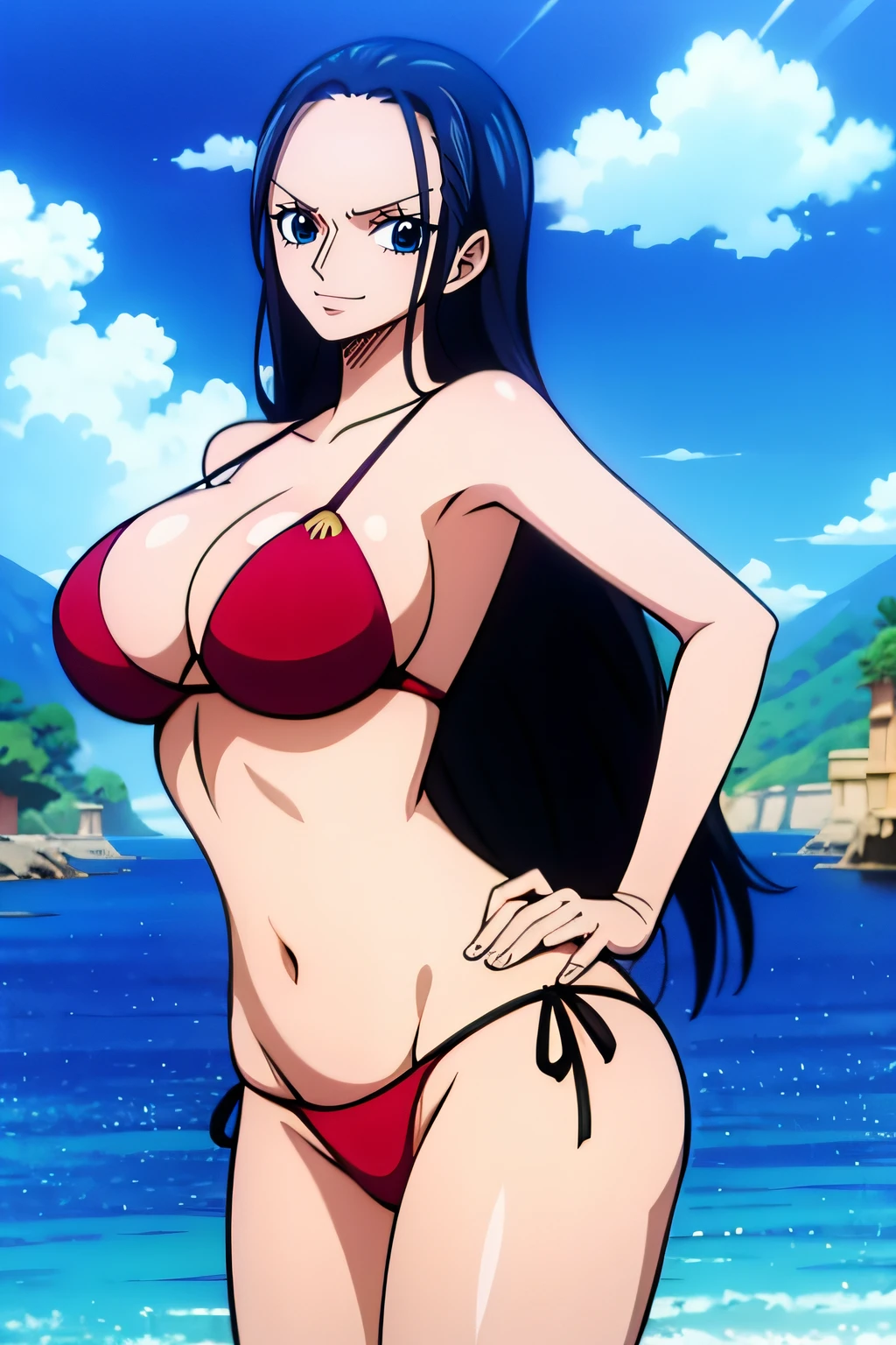 Robin de One Piece, pose sexy, Y si , Elly, 8k, anime, ribera, teta grande, grande, ojos azules, senos, bikini