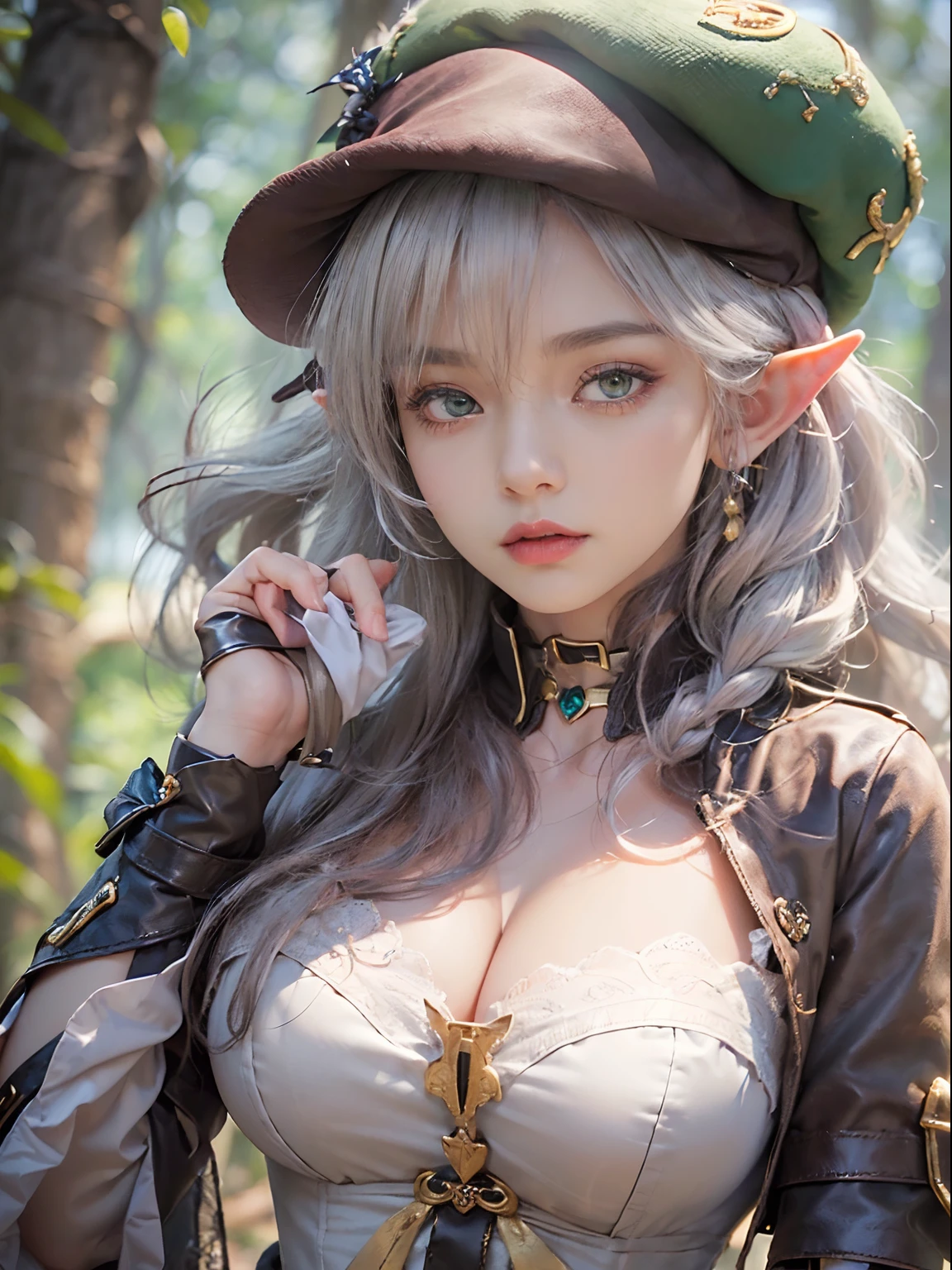 (Golden ratio:1.2),​master piece,[(Gray draft:1.4)::10],(8K, Best quality, tmasterpiece:1.2),\(eye detailed\),\(Facial features\),(\(Clothes detail details\)\),(huge tit),full bodyesbian,(Facial focus) ,Very detailed CG unity 8K wallpaper,hugefilesize,ultra - detailed,A high resolution,absurderes,beautidful eyes,Ray traching,dramatic shadow,finely detailled,Dramatic angles,Hyper-detailing,(1 girl:1.3),(Solo),elf,pointy-eared,White hair,Green eyes,Mature female,Mature royal sister,The perfect figure for a tall and slim body,Large breasts,(beret:1.4),((underbust),short sleeved shirt:1.3)+(Dark gray low-rise pants：1.3)+(Brown leather belt：1.3),(Dark brown one-sided shawl：1.3)+(Sheer white silk gold-rimmed long-sleeved gloves：1.3),{{It's a character that makes people feel sexy and attractive}},fansty world,{This character is an archer：1.3},Capture shots that highlight characters,(The character has a hand on his chest，lean forward slightly forward：1.3),(atheletic body:1.2),(Standing on the Grassland:1.2)+(Dense tropical woods:1.3)+[(Inception:1.2)]