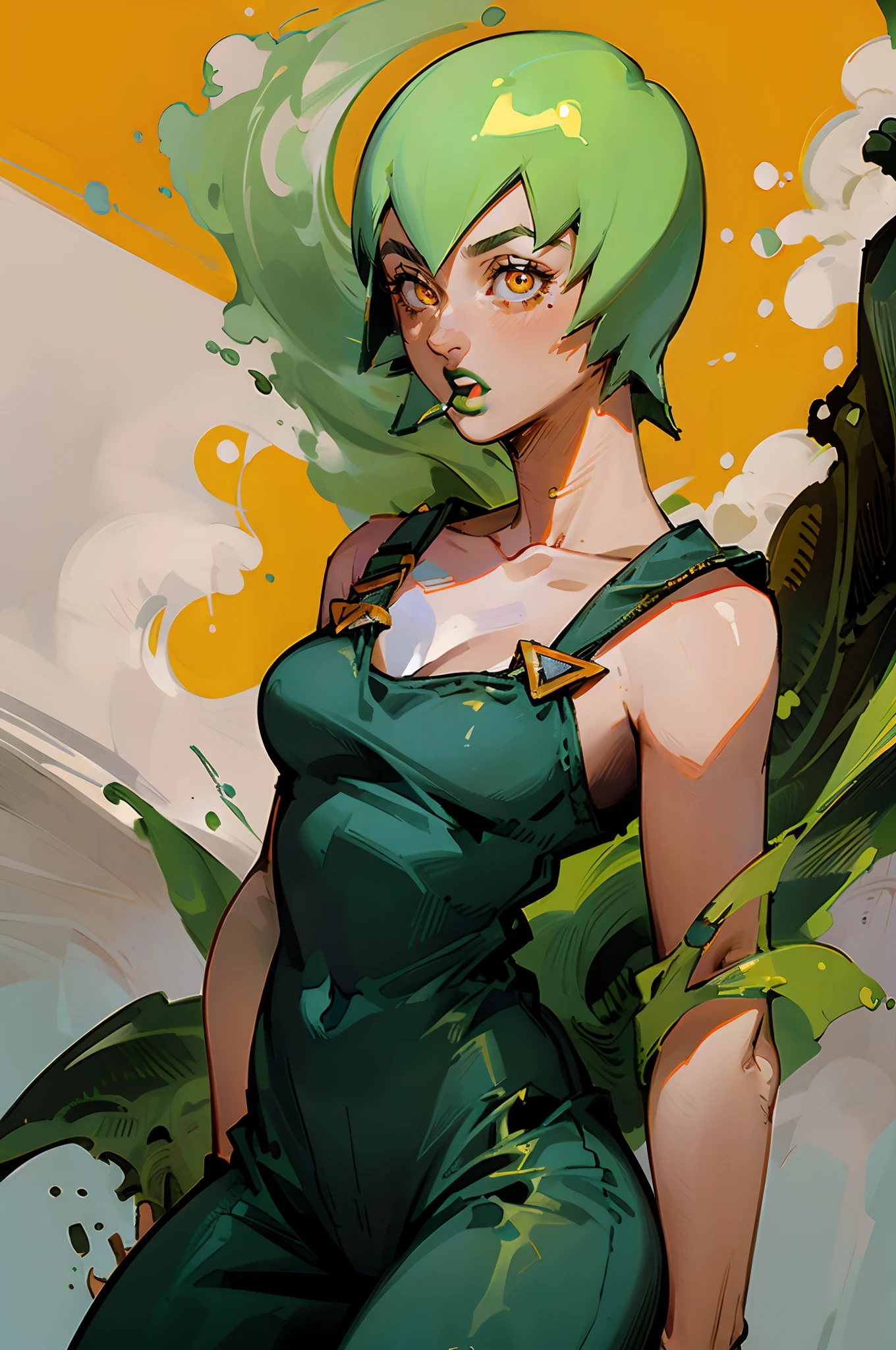 Foo Fighters, 1girl, solo, short hair, open mouth, cowboy shot, green hair, orange eyes, overalls, (green lipstick), full lips, medium breasts