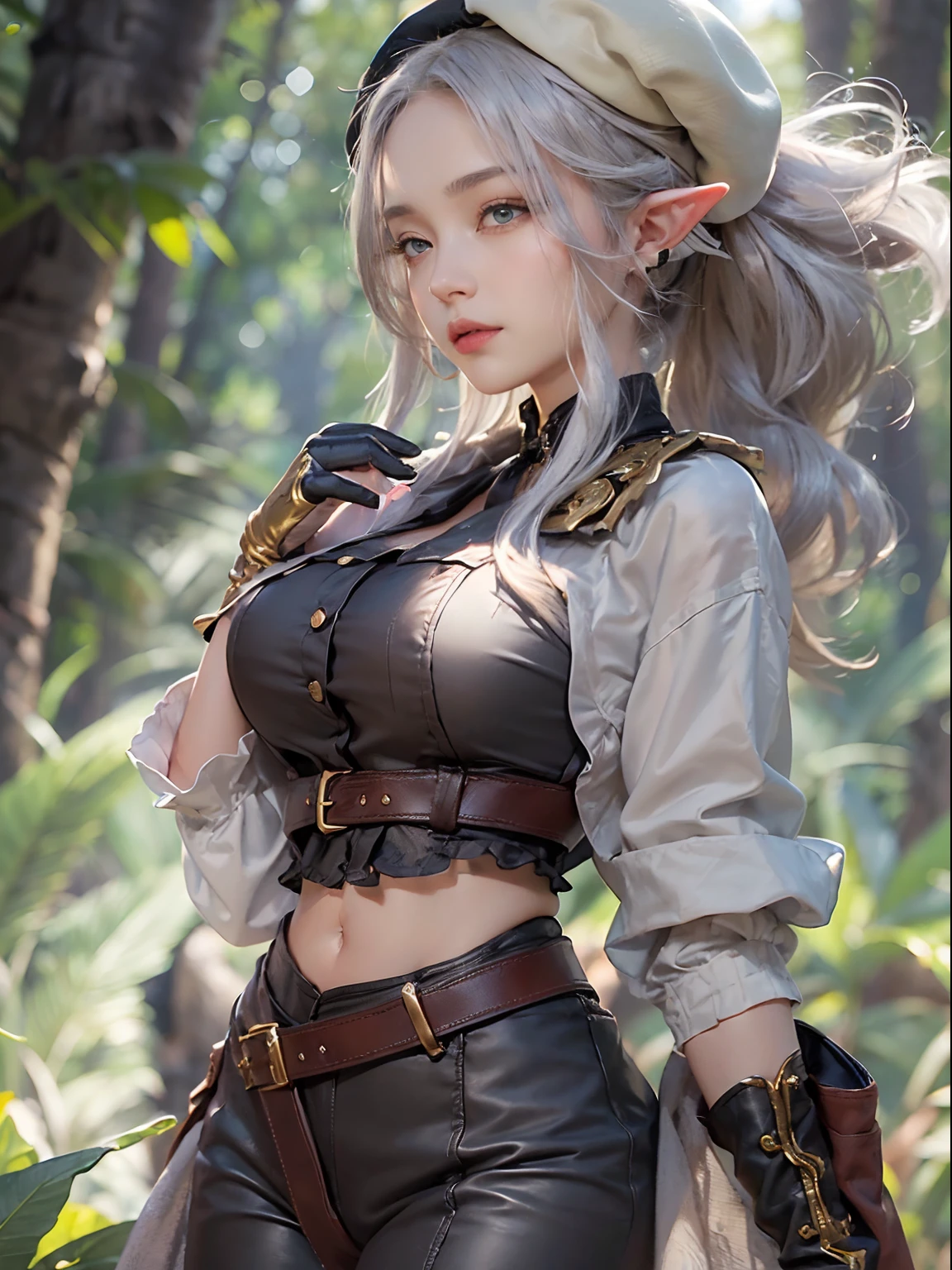 (Golden ratio:1.2),​master piece,[(Gray draft:1.4)::10],(8K, Best quality, tmasterpiece:1.2),\(eye detailed\),\(Facial features\),(\(Clothes detail details\)\),(huge tit),full bodyesbian,(Facial focus) ,Very detailed CG unity 8K wallpaper,hugefilesize,ultra - detailed,A high resolution,absurderes,beautidful eyes,Ray traching,dramatic shadow,finely detailled,Dramatic angles,Hyper-detailing,(1 girl:1.3),(Solo),elf,pointy-eared,White hair,Green eyes,Mature female,Mature royal sister,The perfect figure for a tall and slim body,Large breasts,(beret:1.4),((underbust),short sleeved shirt:1.3)+(Dark gray low-rise pants：1.3)+(Brown leather belt：1.3),(Dark brown one-sided shawl：1.3)+(Sheer white silk gold-rimmed long-sleeved gloves：1.3),{{It's a character that makes people feel sexy and attractive}},fansty world,{This character is an archer：1.3},Capture shots that highlight characters,(The character has a hand on his chest，lean forward slightly forward：1.3),(atheletic body:1.2),(Standing on the Grassland:1.2)+(Dense tropical woods:1.3)+[(Inception:1.2)]