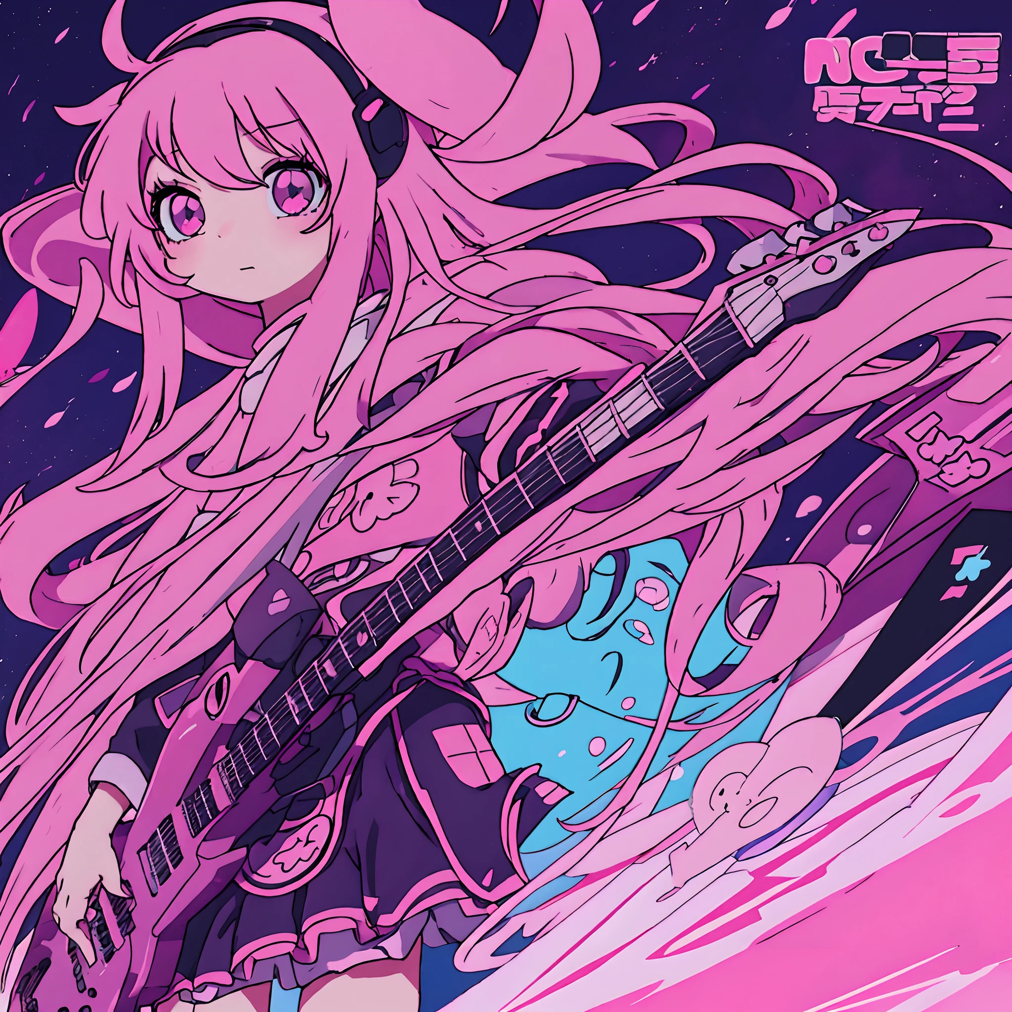 Anime girl in pink costume playing black electric guitar。However, the child's face is not confident.。anime moe art style, Anime girl named Lucy, Anime visuals of cute girls, Pink straight long hair with cyan eyes, humanoid pink female squid girl, yuruyuri, Anime Best Girl, Anime Character, Anime Girl with Long Hair, nyaruko-san