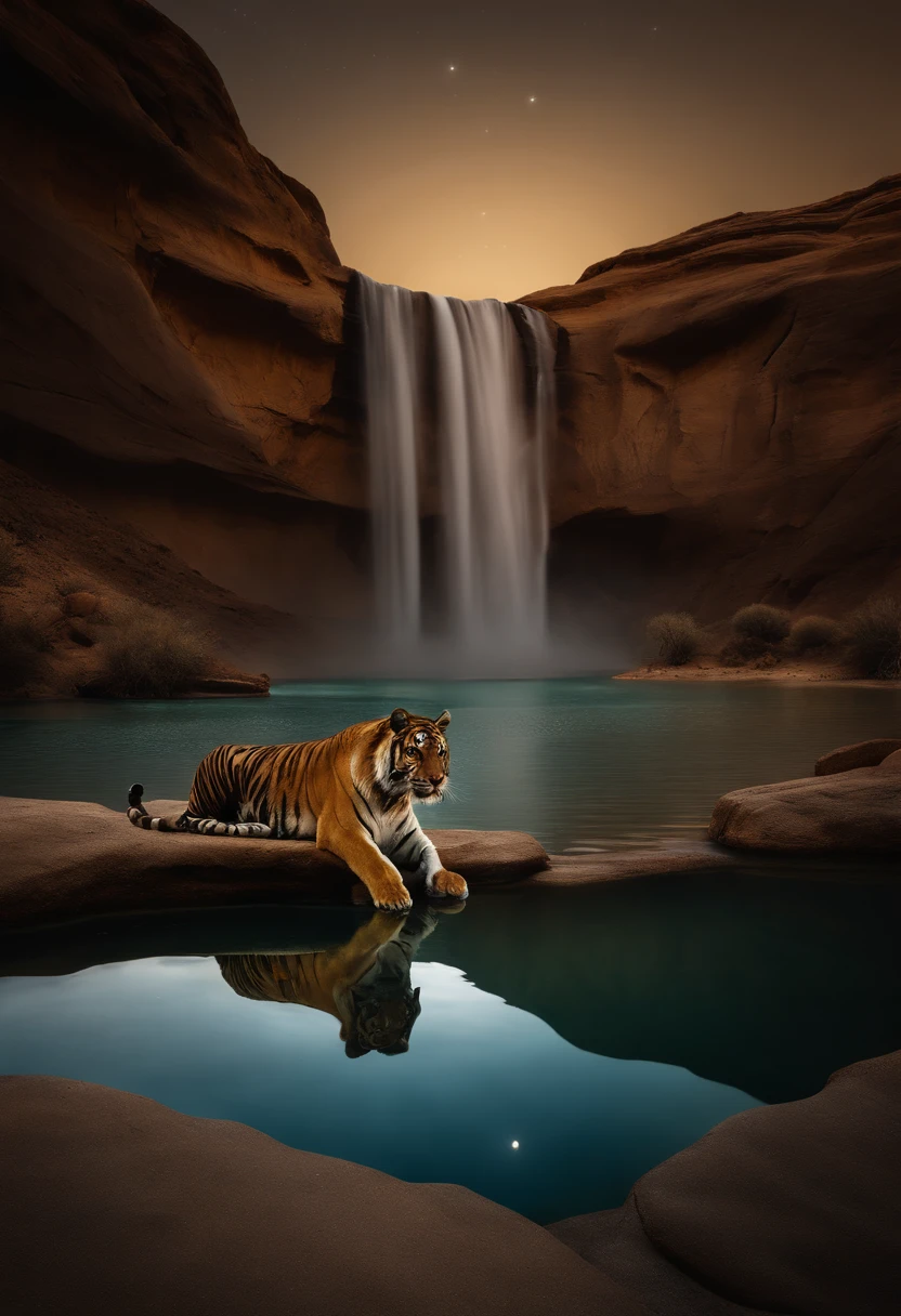 National Geographic style picture, Award winning,(best detailed: 1.5) picture of an epic tiger resting near an epic sized waterfall in the desert at night, an epic tiger, big leopard, resting an viewing an (epic sized waterfall: 1.3), water coming down from a desert cliff, water cascading into a large pool that, (moon and stars reflected in the pool: 1.4), you can see the water hitting the pool, drops of water splashing around, desert cliffs background, a sense of restful predator, photorealistic, 16k, RAW, award winning, (best detailed: 1.5), masterpiece, best quality, (best detailed: 1.3), full body, ultra wide shot,