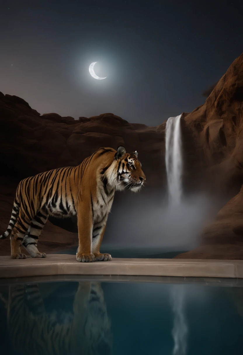 National Geographic style picture, Award winning,(best detailed: 1.5) picture of an epic tiger resting near an epic sized waterfall in the desert at night, an epic tiger, big leopard, resting an viewing an (epic sized waterfall: 1.3), water coming down from a desert cliff, water cascading into a large pool that, (moon and stars reflected in the pool: 1.4), you can see the water hitting the pool, drops of water splashing around, desert cliffs background, a sense of restful predator, photorealistic, 16k, RAW, award winning, (best detailed: 1.5), masterpiece, best quality, (best detailed: 1.3), full body, ultra wide shot,