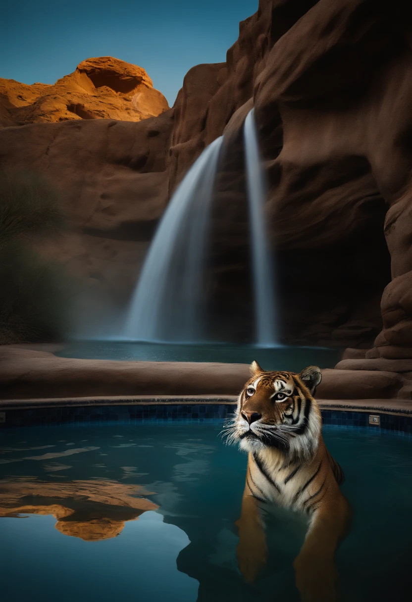 National Geographic style picture, Award winning,(best detailed: 1.5) picture of an epic tiger resting near an epic sized waterfall in the desert at night, an epic tiger, big leopard, resting an viewing an (epic sized waterfall: 1.3), water coming down from a desert cliff, water cascading into a large pool that, (moon and stars reflected in the pool: 1.4), you can see the water hitting the pool, drops of water splashing around, desert cliffs background, a sense of restful predator, photorealistic, 16k, RAW, award winning, (best detailed: 1.5), masterpiece, best quality, (best detailed: 1.3), full body, ultra wide shot,