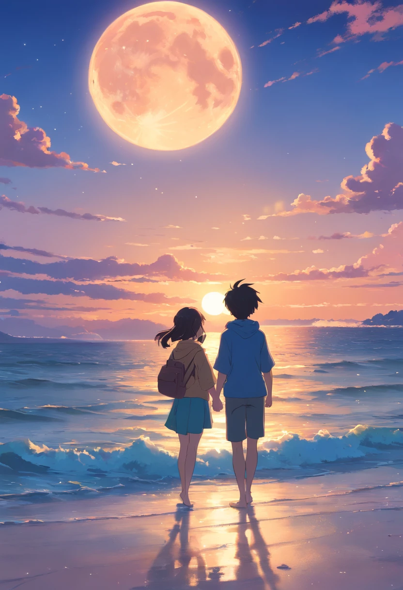 Wallpapers,tmasterpiece,best qualtiy,cinematic Film still from,Father and son,A full moon,autumnal,beachside