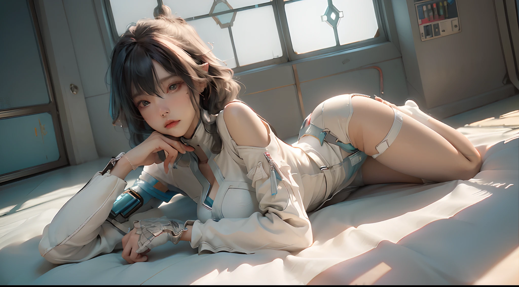 ((best qualtiy)), ((tmasterpiece)), (the detail:1.4), 3D, A beautiful cyberpunk female image,HDR（HighDynamicRange）,Ray traching,NVIDIA RTX,Super-Resolution,Unreal 5,Subsurface scattering、PBR Texture、post-proces、Anisotropy Filtering、depth of fields、maximum definition and sharpness、Many-Layer Textures、Albedo e mapas Speculares、Surface Coloring、Accurate simulation of light-material interactions、perfectly proportions、Octane Render、Two-colored light、largeaperture、Low ISO、White balance、the rule of thirds、8K RAW、The character stays to the right、show legs、Sexy legs