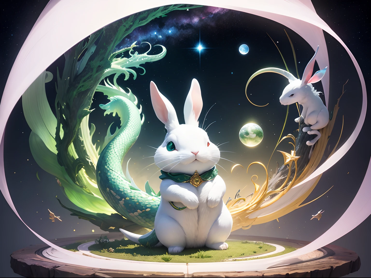 masterpiece、top-quality、realisitic、detaileds、White rabbit and green dragon、White snake creeping from behind、loimu、kosmos、The stars shine、Around the Earth、Glowing Flash、Strewn with gemstones