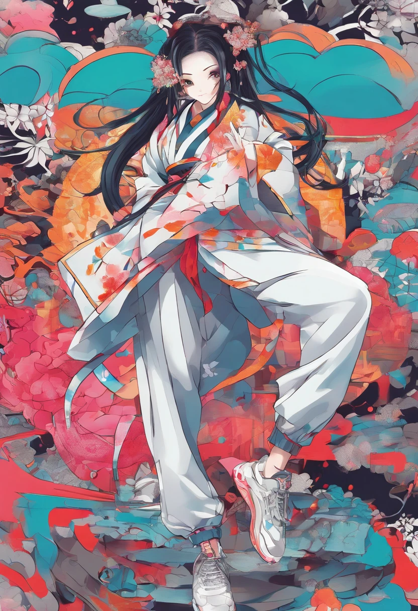 (hip hop scene) a hip hop confidant badass , fullbody traditional japanese porcelain geisha graffiti artist DealWithIt badass selfie pose on graffiti wall