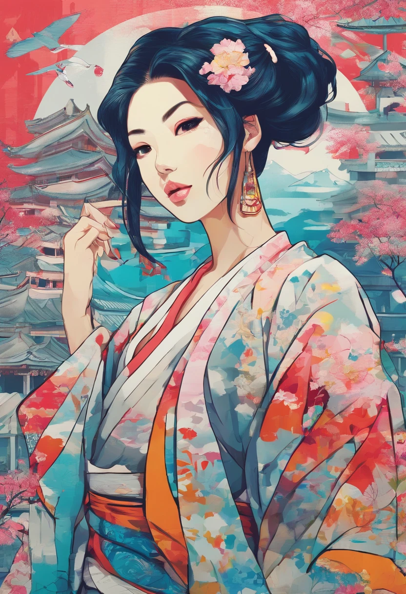 (hip hop scene) a hip hop confidant badass , fullbody traditional japanese porcelain geisha graffiti artist DealWithIt badass selfie pose on graffiti wall