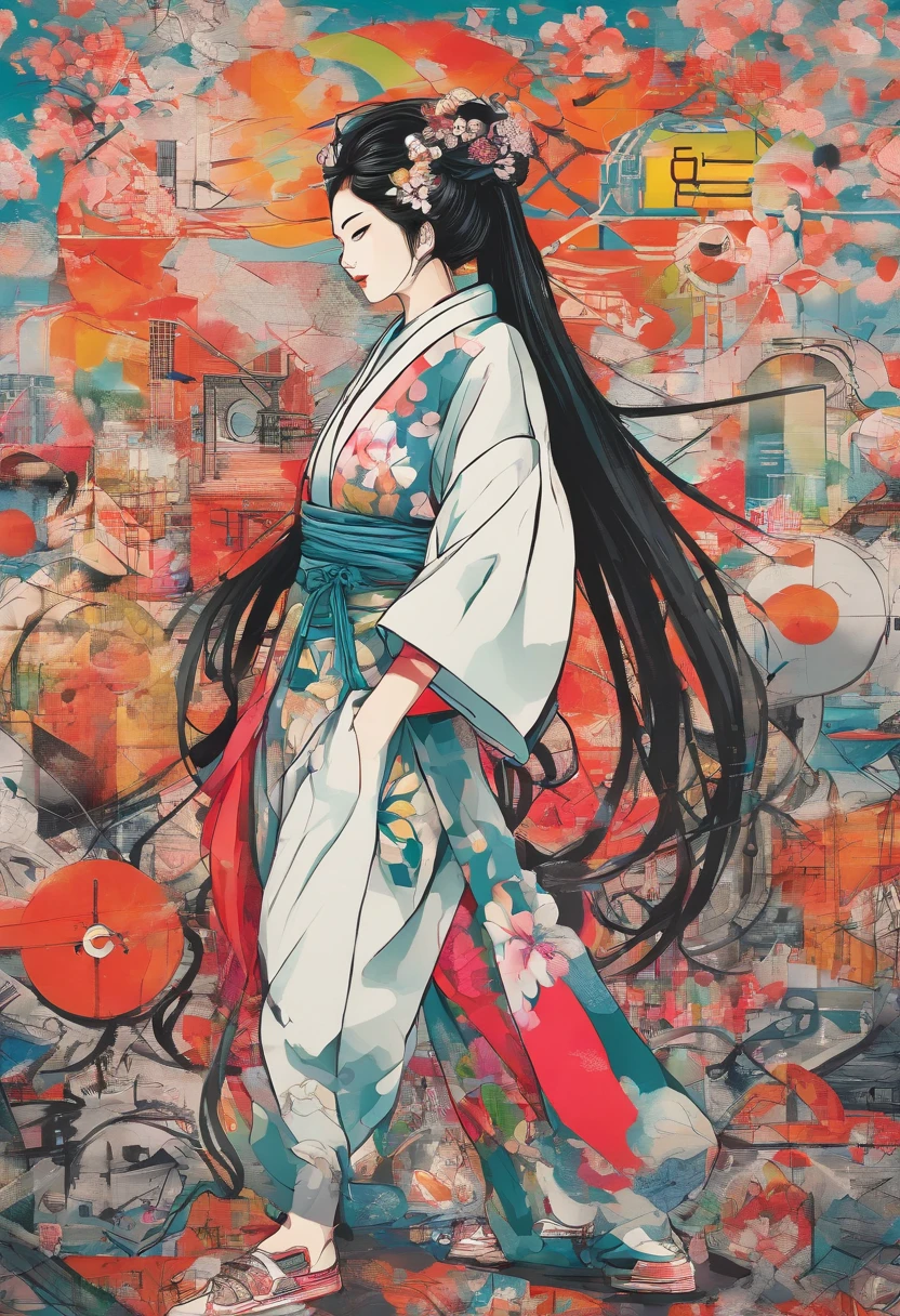 (hip hop scene) a hip hop confidant badass , fullbody traditional japanese porcelain geisha graffiti artist DealWithIt badass selfie pose on graffiti wall