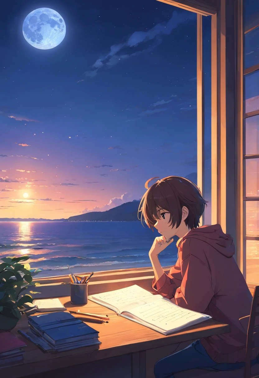 Wallpapers，tmasterpiece，best qualtiy，cinematic Film still from，Boy writing homework by window looking at the sky，A full moon，autumnal，beachside