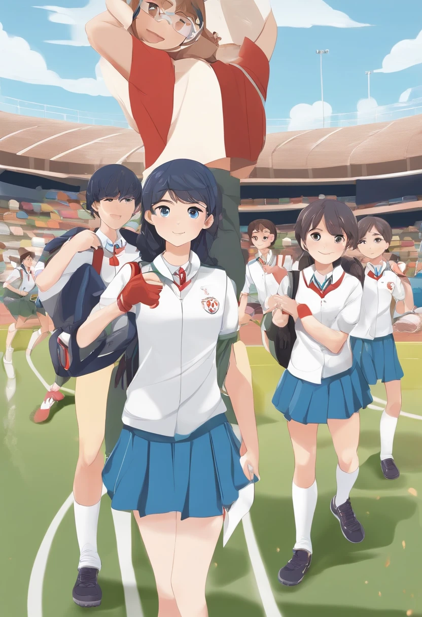 blue eyes, black hair, high res, happy and excited, tiny girl being hugged by mother, mother being fucked by her husband, penis penetrating pussy, sex not noticed by large crowd, wearing long wet shirt, pants with a hole for pussy, background with large crowd, at stadium