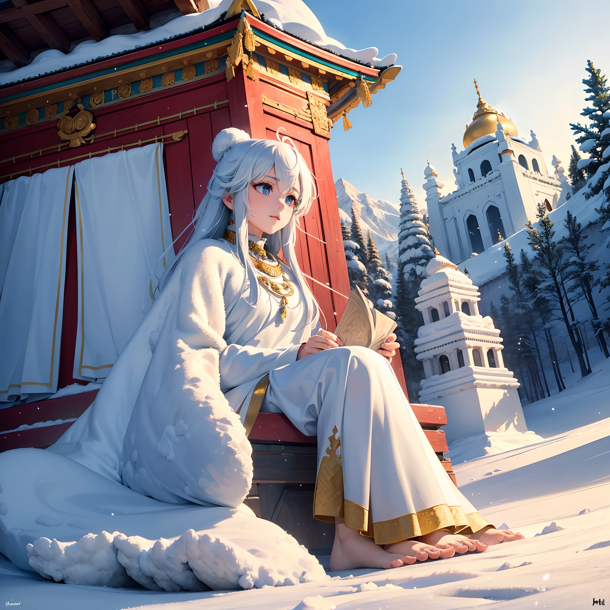 (best quality,4k,8k,highres,masterpiece:1.2),ultra-detailed,(realistic,photorealistic,photo-realistic:1.37),huge Indian temple on top of icy, snow-covered mountains in the majestic Himalayas, magnificent architectural masterpiece, intricate carvings and sculptures, towering spires reaching towards the sky, vibrant and richly colored exterior, reflecting the cultural heritage of India, surrounded by pristine white snow, creating a stark contrast, rays of sunlight piercing through the clouds, casting a golden glow on the temple, creating a divine aura, peaceful and serene atmosphere, with fresh mountain air and breathtaking views, devotees climbing the snowy slopes to reach the temple, offering prayers and seeking blessings, a sense of awe and spirituality, mountains standing tall in the background, covered with thick layers of snow, adding to the grandeur of the scene, gentle breeze rustling through prayer flags, creating a melodious sound, melting snow forming small streams, flowing down towards the valley, creating a calming sound, creating a harmonious symphony with nature, the temple serving as a spiritual haven amidst the majestic Himalayan landscape. --auto