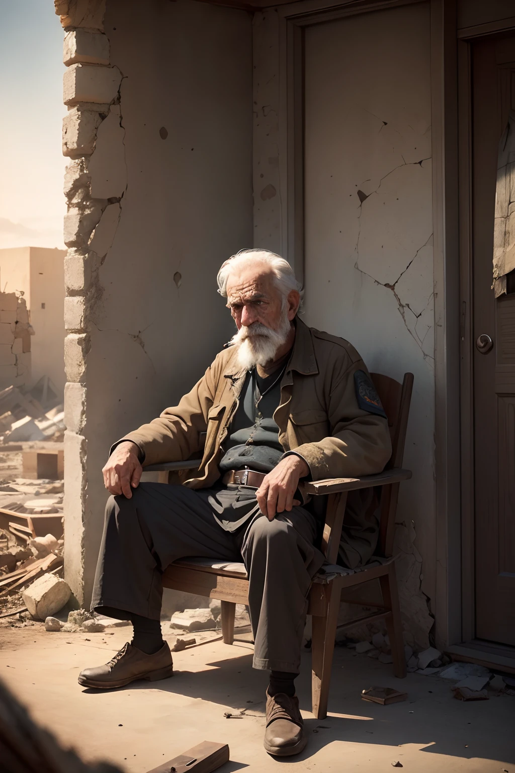 An old man in Syria, sitting on a chair in the middle of the street, smoking a pipe, dust and debris swirling around him, creating a sense of desolation and resilience. The worn-out chair, with faded colors and creaking wood, serves as the old man's throne, emphasizing his wisdom and strength despite the destruction. The remnants of destroyed buildings, their once grand structures reduced to rubble and dust, serve as a haunting backdrop to the scene, symbolizing the harsh realities of war. The man's face bears the deep lines and wrinkles of a life lived, depicting the hardships he has endured. His eyes, weathered and filled with stories, look into the distance, reflecting a mixture of sorrow, hope, and resilience. The pipe, clasped between his weathered lips, emits a faint trail of smoke, adding an atmospheric touch to the image. The golden sunset casts a warm, melancholic glow over the scene, symbolizing the passage of time and the enduring spirit of the people. The prompt should strive for the best quality (4k, high resolution) and focus on ultra-detailed, realistic portrayal (photorealistic:1.37). The art style should highlight the profoundness and emotional impact of the scene, conceiving the prompt with a documentary photography aesthetic, capturing the raw beauty and authenticity of the moment. The color palette should be subdued, reflecting the somber mood and emphasizing the contrast between the old man and the destroyed surroundings. The lighting should be soft, with diffused sunlight illuminating the scene, creating a sense of warmth amidst the ruin.