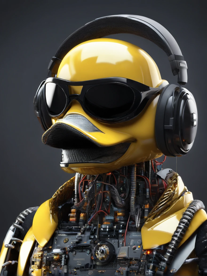 Rubber rhubarb duck,Wearing sunglasses, with headphones on, Standing position, Abstract beauty, Dynamic, highly detailed digital painting, concept-art, 8K, high definition resolution