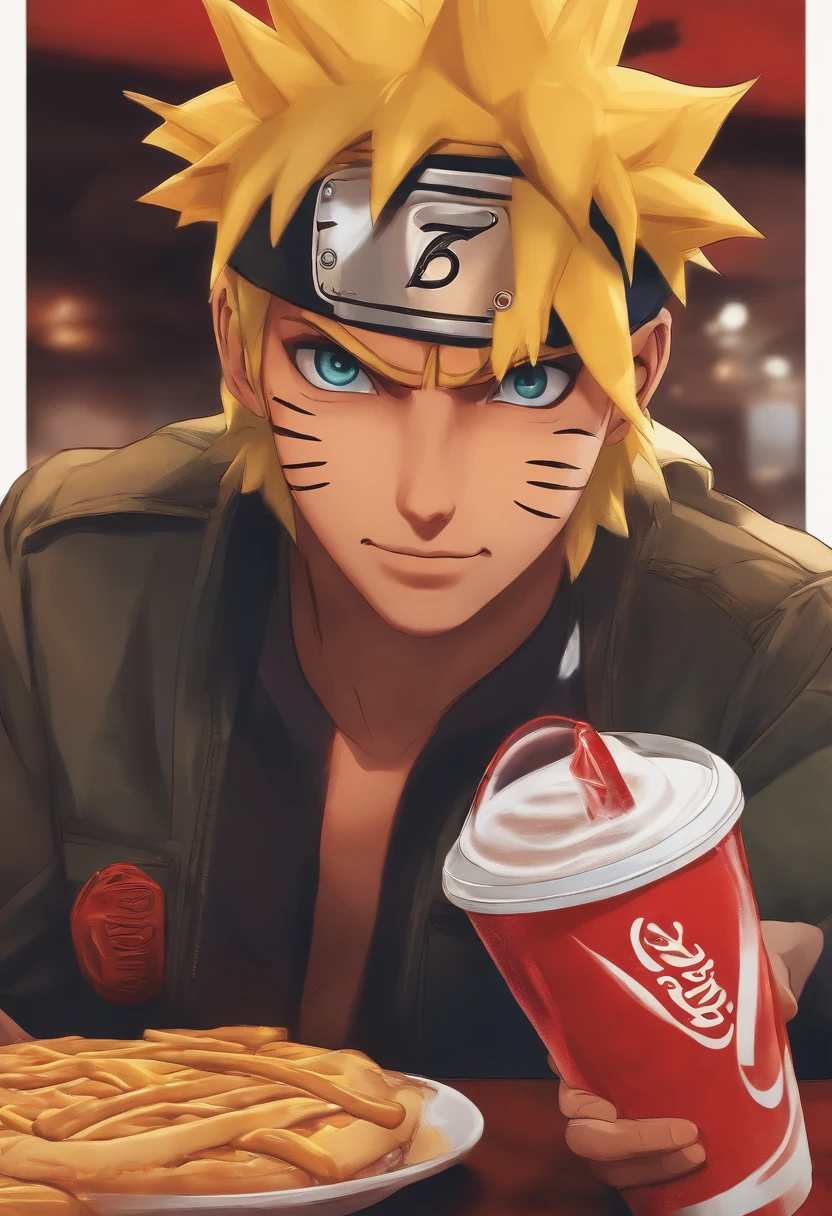 anime naruto sentado na mesa do mc donalds comendo um big mc e tomando uma coca cola. imagem ultra detalhada, ultra realista, detalhes expressivos do rosto que esta feliz. cores vibrantes e intensas