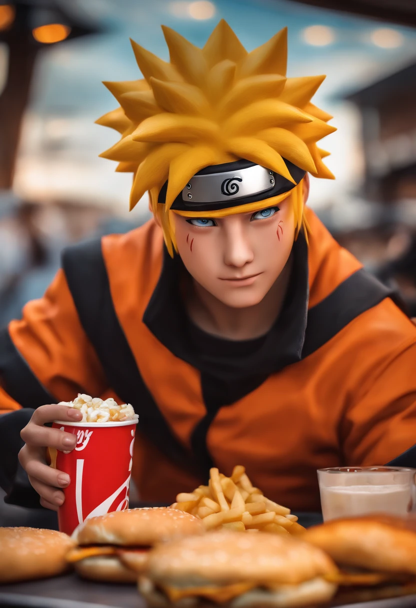 anime naruto sentado na mesa do mc donalds comendo um big mc e tomando uma coca cola. imagem ultra detalhada, ultra realista, detalhes expressivos do rosto que esta feliz. cores vibrantes e intensas