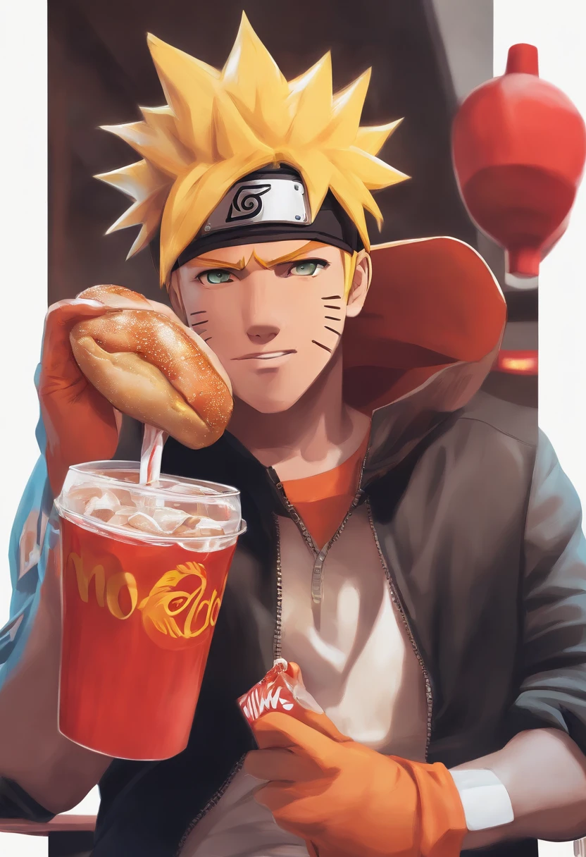 anime naruto sentado na mesa do mc donalds comendo um big mc e tomando uma coca cola. imagem ultra detalhada, ultra realista, detalhes expressivos do rosto que esta feliz. cores vibrantes e intensas