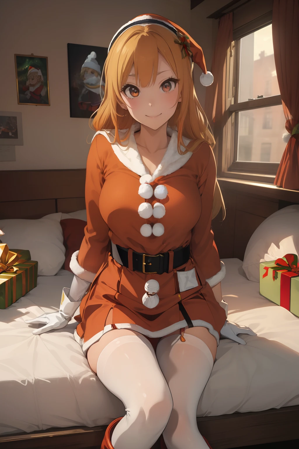 Lunatierke Tiague, Whimsical tears, Blonde hair, (Green eyes:1.5), Hair intake, Long hair, low-tied long hair, Glasses,
((Santa Claus clothes))、((pantyhose))、((a miniskirt))、((Open legs))、(Colossal tits)、
Watch your audience and take a break,(Bedroom)、on the beds、BREAK (masutepiece:1.2), Best Quality, High resolution, Unity 8k壁纸, (Illustration:0.8), (Beautiful detailed eyes:1.6), extra detailed face, Perfect Lighting, extremely details CG, (Perfect hands, Perfect Anatomy),