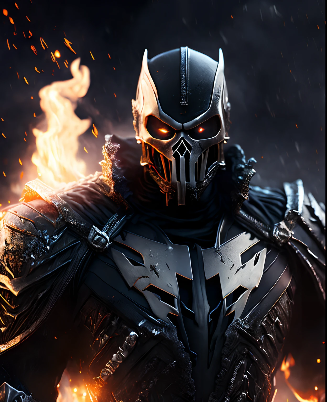 Close-up (Ghost Rider Punisher from Marvel in Viking style: 1.3) emerging from wet black mud, extremely detailed, smoke, sparks, metal shavings, flying debris, volumetric light, 8k, high-quality