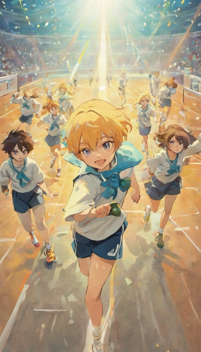 Create an anime-style book cover depicting indonesian middle school (SMP) students participating in sports activities on their school field. The male student should be in a white upper uniform and blue pants, some the female student should wear a blue hijab and a blue long skirt. Ensure perfect proportions for hands, eyes, and feet. Use sharp outlines and sporty colors.