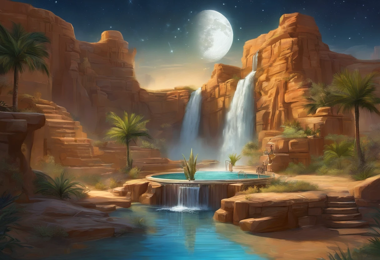 National Geographic style picture, Award winning,(best detailed: 1.5) picture of an epic tiger resting near an epic sized waterfall in the desert at night, an epic tiger, big leopard, resting an viewing an (epic sized waterfall: 1.3), water coming down from a desert cliff, water cascading into a large pool that, (moon and stars reflected in the pool: 1.4), you can see the water hitting the pool, drops of water splashing around, desert cliffs background, a sense of restful predator, photorealistic, 16k, RAW, award winning, (best detailed: 1.5), masterpiece, best quality, (best detailed: 1.3), full body, ultra wide shot,