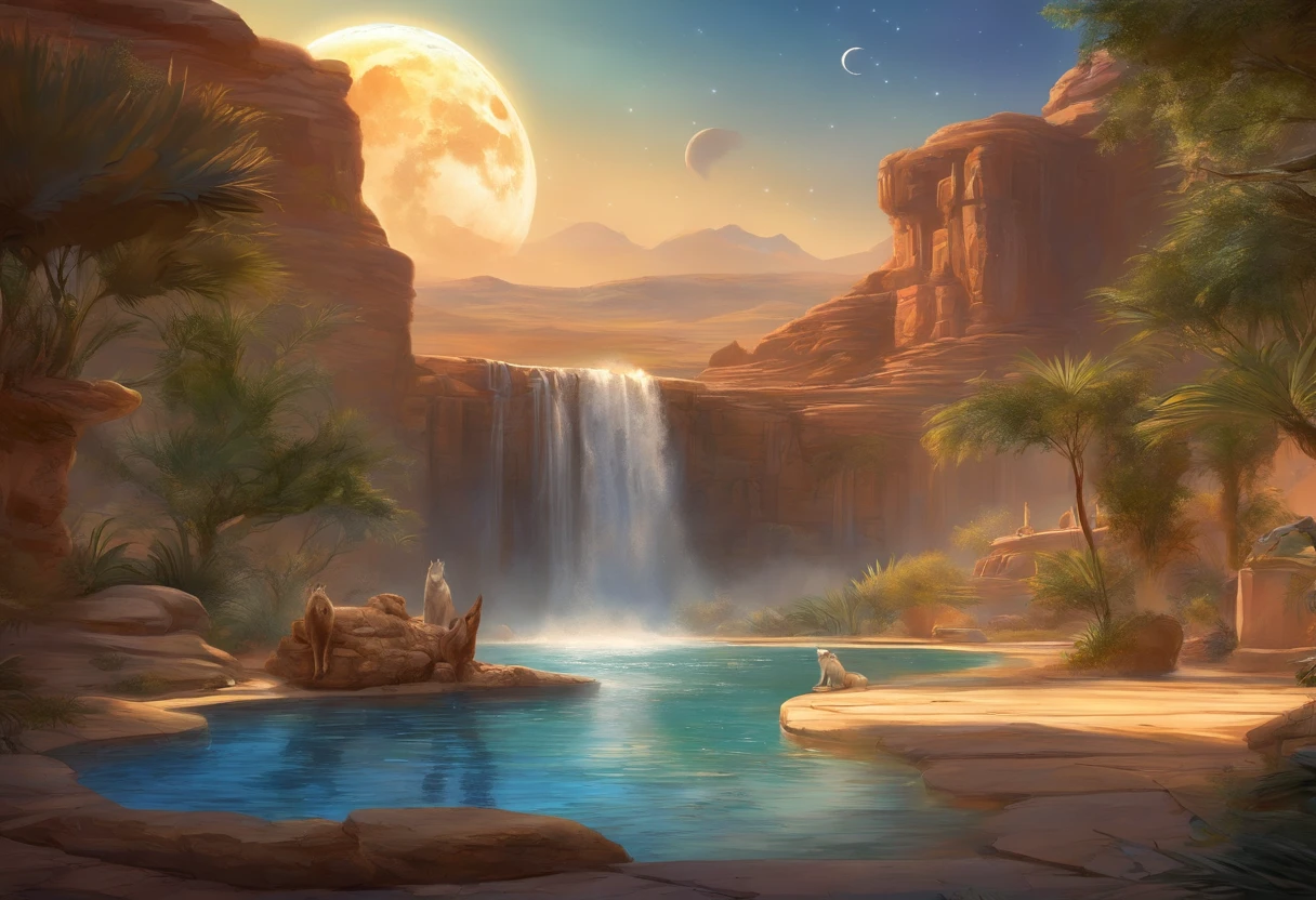 National Geographic style picture, Award winning,(best detailed: 1.5) picture of an epic tiger resting near an epic sized waterfall in the desert at night, an epic tiger, big leopard, resting an viewing an (epic sized waterfall: 1.3), water coming down from a desert cliff, water cascading into a large pool that, (moon and stars reflected in the pool: 1.4), you can see the water hitting the pool, drops of water splashing around, desert cliffs background, a sense of restful predator, photorealistic, 16k, RAW, award winning, (best detailed: 1.5), masterpiece, best quality, (best detailed: 1.3), full body, ultra wide shot,