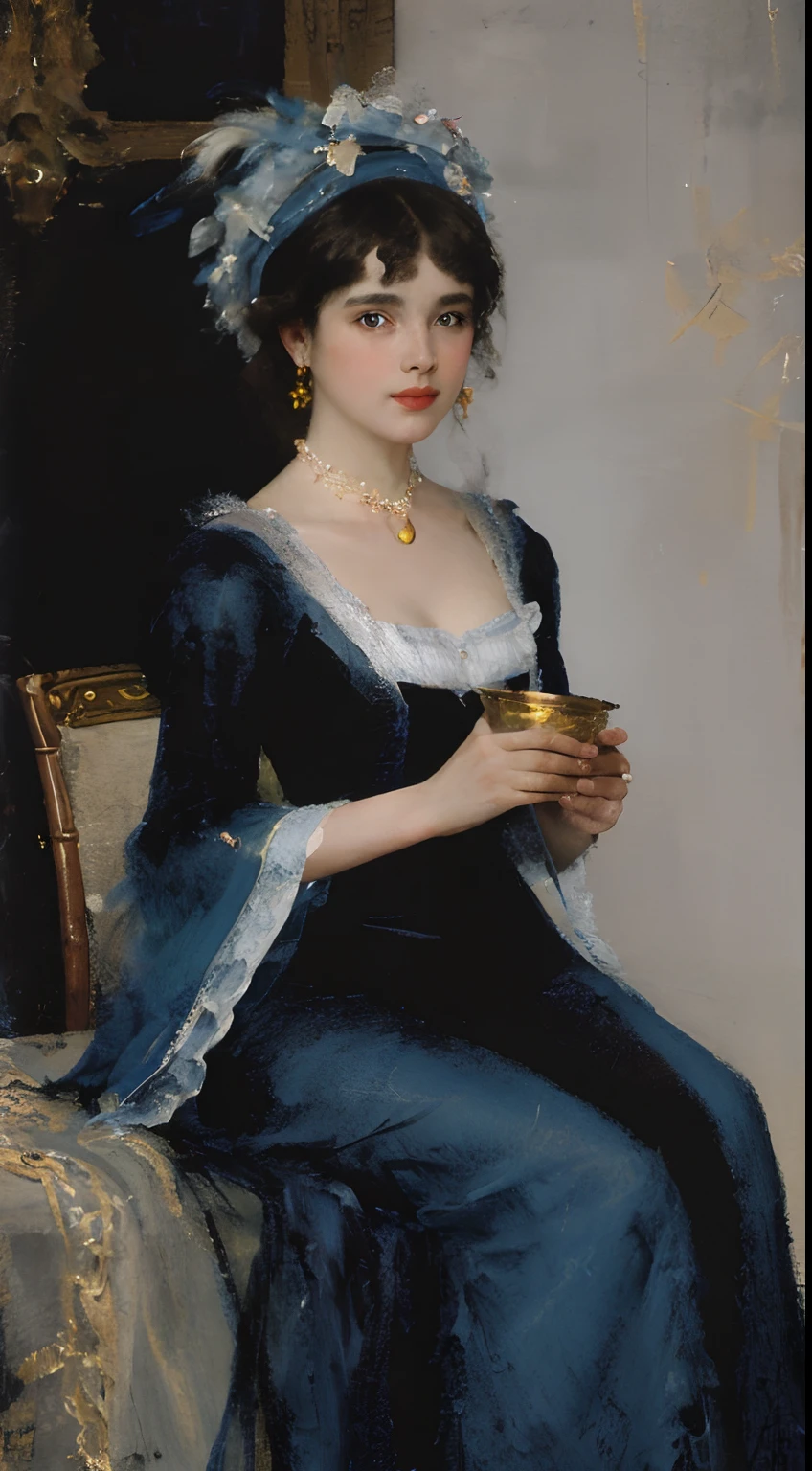 painting of a woman in a blue dress and hat with feathers, a fine art painting inspired by Konstantin Makovsky, trending on cg society, fantasy art, art of edouard bisson, elegant digital painting, ( ( konstantin razumov ) ), a beautiful victorian woman, victorian lady, wlop painting style, elegant woman, beautiful character painting