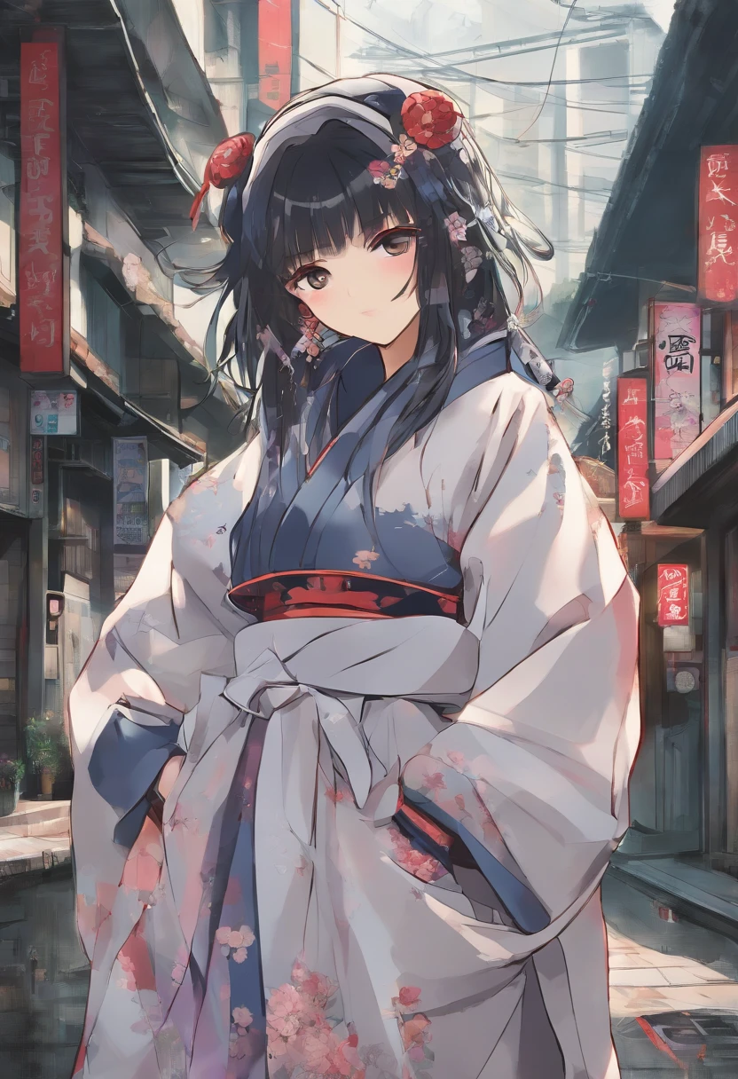 fullbody traditional japanese Geisha's attire is a jarring juxtaposition of worlds. She wears loose-fitting, edgy streetwear that screams westside gang hip-hop swagger. A baggy hoodie adorned with graffiti-style, and her feet are encased in worn-out sneakers. A gold chain with an oversized dollar sign pendant dangles from her neck.