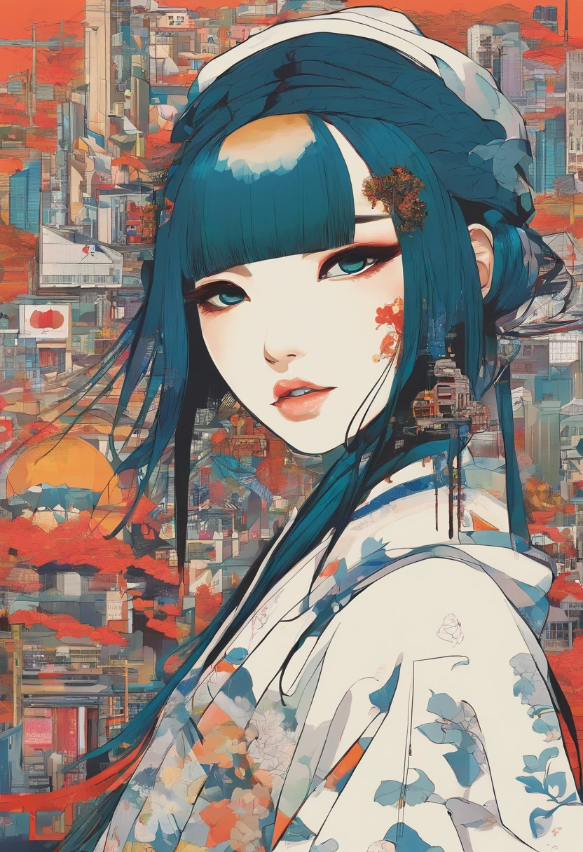 fullbody traditional japanese Geisha's attire is a jarring juxtaposition of worlds. She wears loose-fitting, edgy streetwear that screams westside gang hip-hop swagger. A baggy hoodie adorned with graffiti-style, and her feet are encased in worn-out sneakers. A gold chain with an oversized dollar sign pendant dangles from her neck.