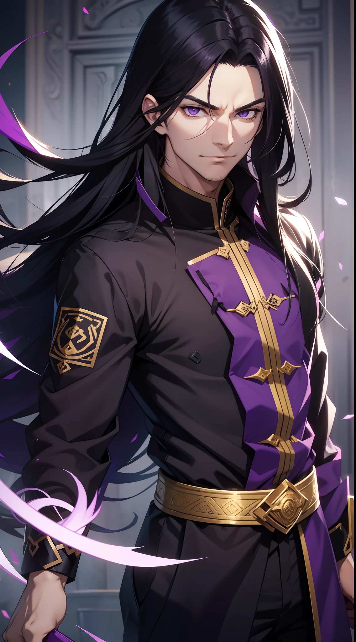 Grown-up guy, Long black hair, violet eyes, smirk, Fiadem, Purple Royal Ninja, Gold Elements, Masterpiece, hiquality, 4k, HD, Good detail
