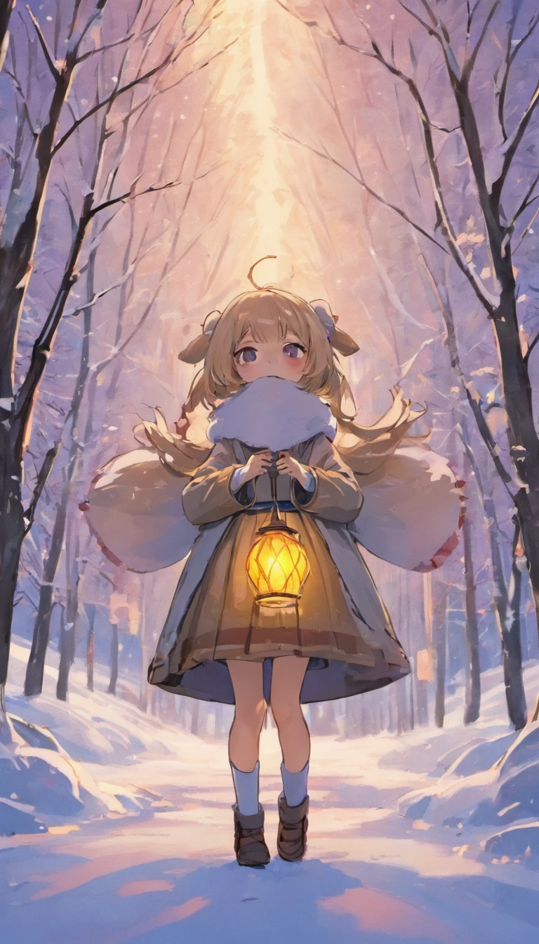 A little girl spends Christmas in winter,Japanese manga style,There is a Christmas tree next to you,Little girl wearing a cloak,Holding a small basket full of sweets,There is snow on the ground,And some maple leaves,And cute elk,The scene is warm,Japanese healing system