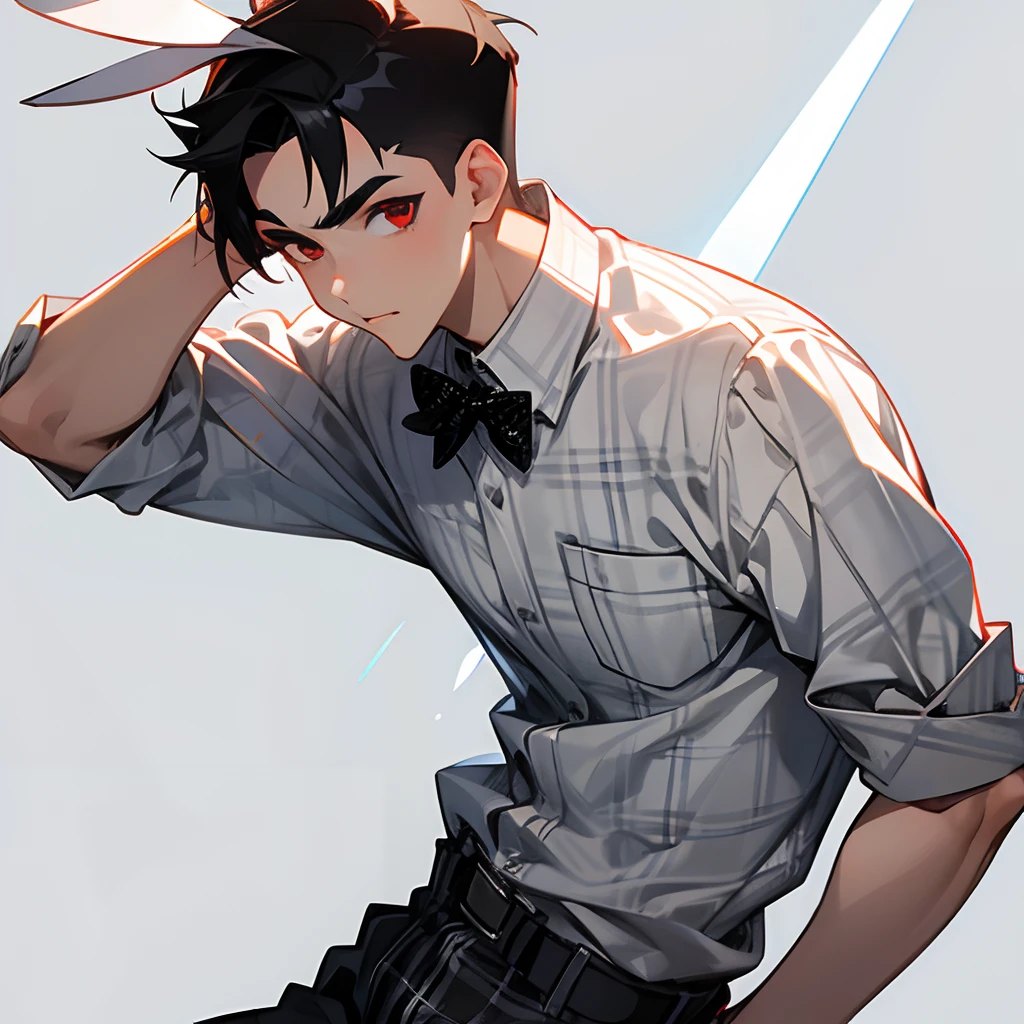 One man, male focus, white and light gray checked shirt, plaid shirt, red eyes, white bunny ears, lowered eyebrows, thick eyebrows, big lips, black hair, short hair, up bang, undercut, short curly hair, Forehead, straight hand, right angle, shape the hand, slender body, simple background