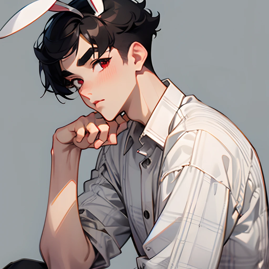 One man, male focus, white and light gray checked shirt, plaid shirt, red eyes, white bunny ears, lowered eyebrows, thick eyebrows, big lips, black hair, short hair, up bang, undercut, short curly hair, Forehead, straight hand, right angle, shape the hand, slender body, simple background