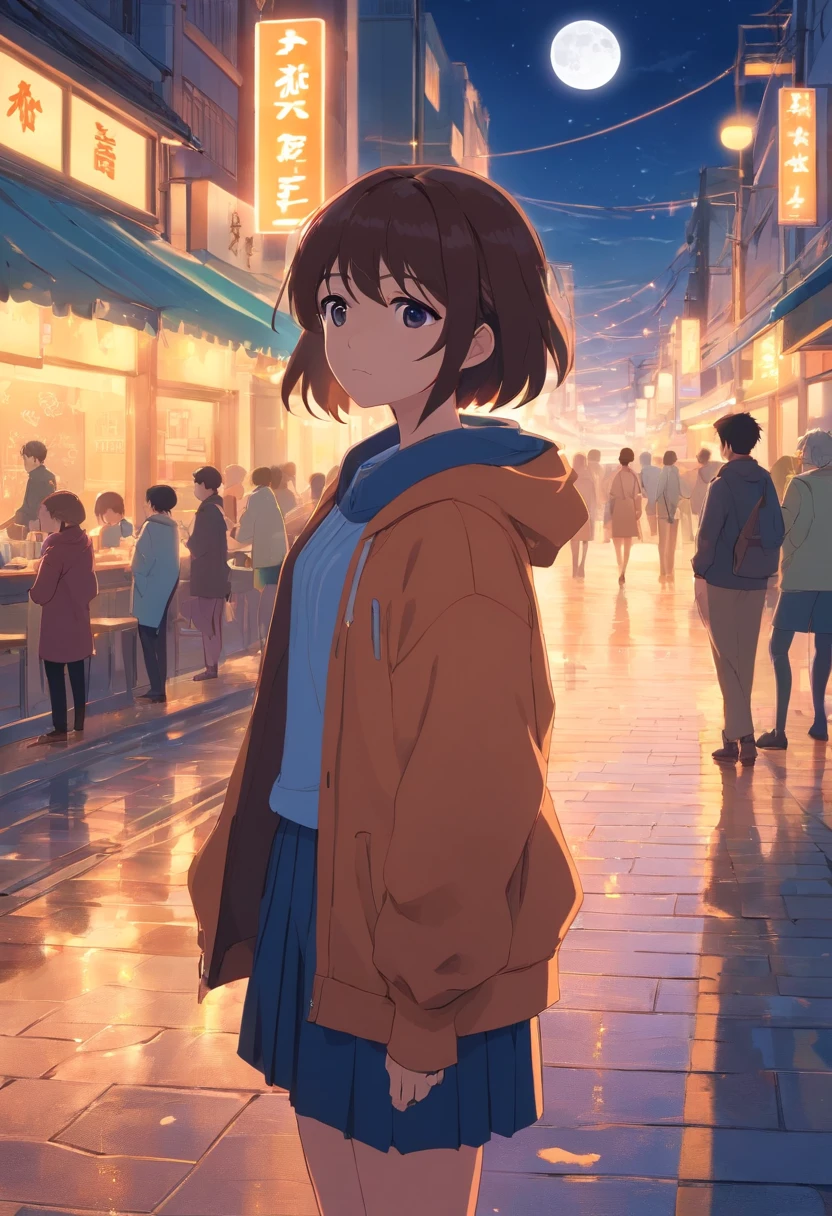 Wallpapers,tmasterpiece,best qualtiy,cinematic Film still from,,There were a lot of people in the square at night,A full moon,autumnal,beachside