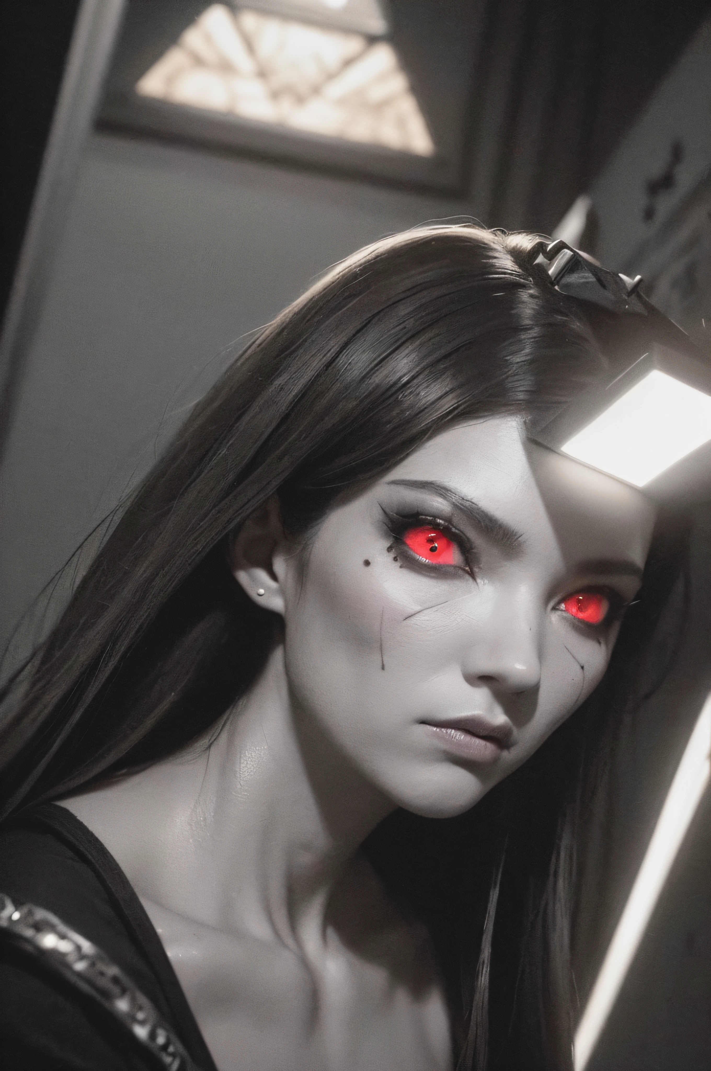 "(The best lighting, oscuro, dramatic),(Mujer alien, Hellraiser, triste, Cicatrices, , sexy, cerebro, sangre, una rata dentro de la cabeza, terror.),(ojos rojos, calaveras). morning light.