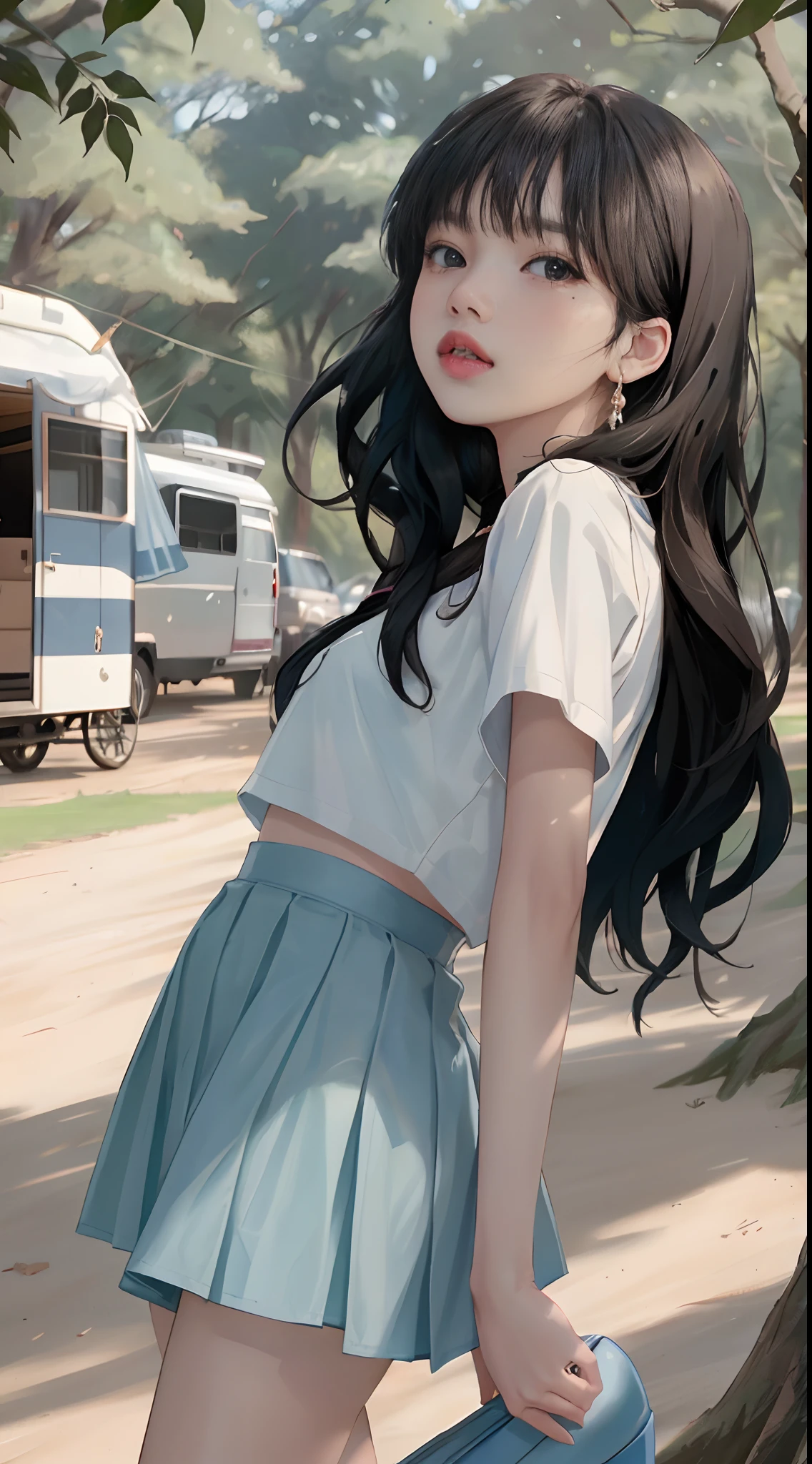 ((Lisa Blackpink)), tiny white t-shirt, tiny blue pleated skirt, vagina showing, black high heels, close-up from thighs to face, shot from below, very fair skin, very long hair, wavy hair, camping, Forest, photorealistic, Indirect lighting, volumetric light, ray tracing, hyper-detailed, best quality, very high resolution, HDR, 8k