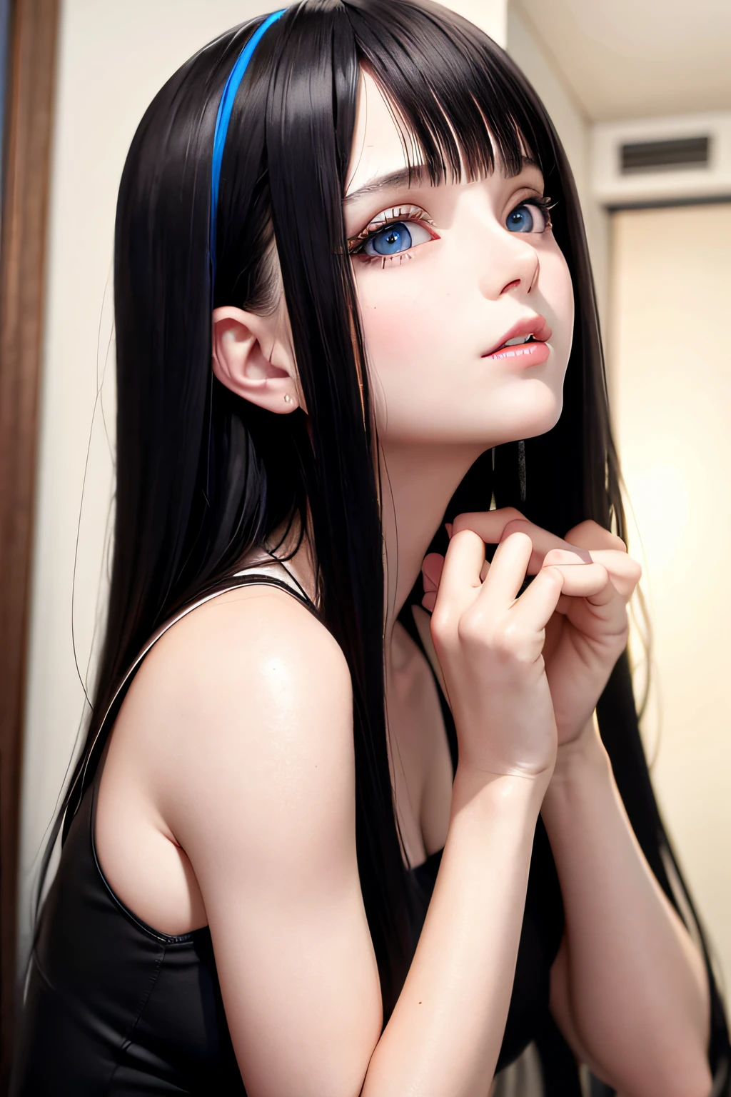 best quality, masterpiece, black hair, blue eyes, looking up, upper body