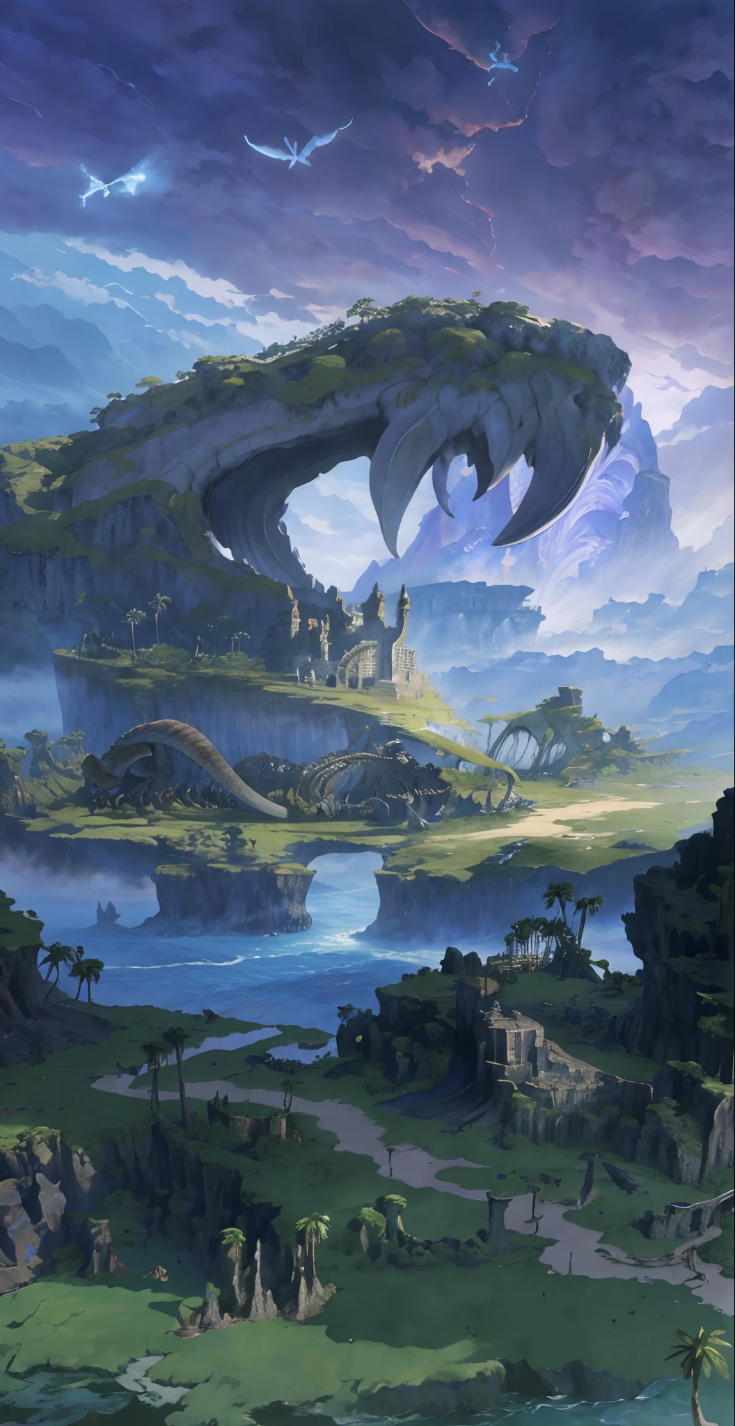 There is a painting,There is a river inside,A huge animal bone,Tropical island background,Scattered Behemoth Skeleton 2D fantasy art, epic matte painting of an island, fantasy concept art, environment concept art, environment concept art, Concept art wallpaper 4K, ,Cartoon anime art, fantasy world concept,HighestQuali,top-quality,Miyazaki anime art style,Shinkai Makoto anime art style,8K,Ray traching,