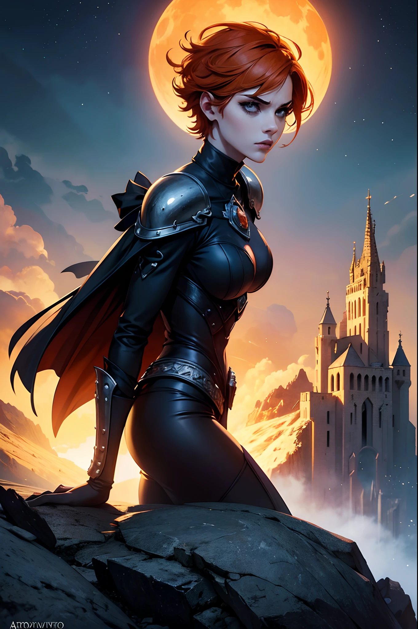 A beautiful and wonderful woman with short orange hair with gothic armor medieval city moonlight stars an inviting position, dramatic scene, 8k, magnifica, on top of a high stone and behind a full city, manto, capa, robe, 8k, Magnificent