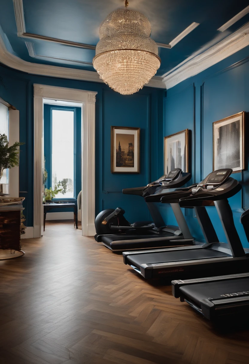 Large retro space,ellegance,Blue wall,European style wainscoting,wooden floor,The lighting is charming,Fitness equipment,Multiple treadmills