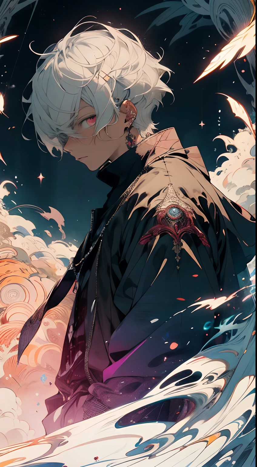 realisticlying,(tmasterpiece,top Quority,best qualtiy,offcial art,Beauty and aesthetics:1.2),The is very detailed,s fractal art,Colorful,Most detailed,zentangle,(abstract backgrounds:1.5)(1boys:1.3),Kamimei,White color hair,short detailed hair,(luminous red eyes),mistic,(magia),火焰,Handsome man