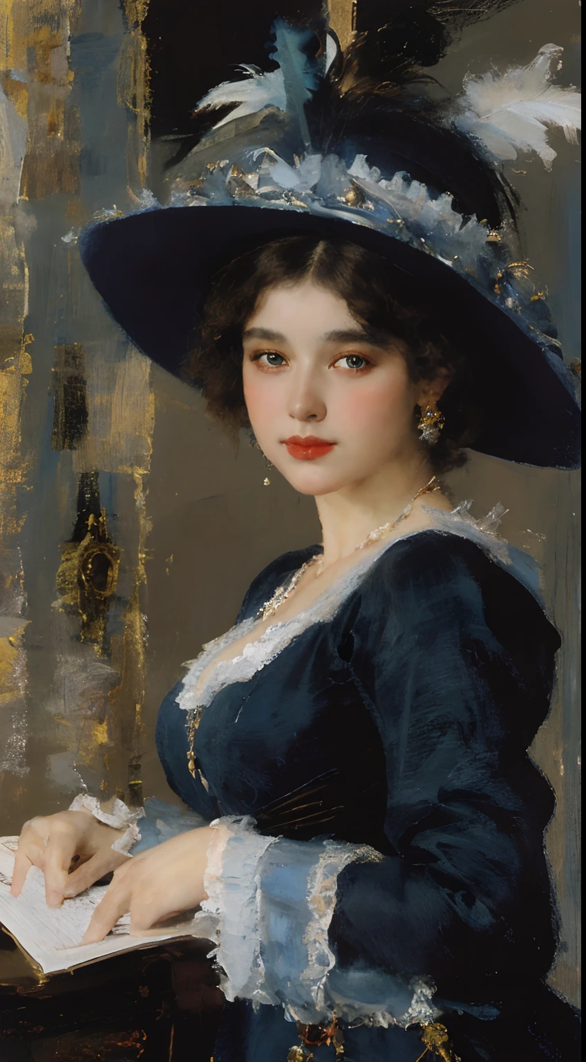 painting of a woman in a blue dress and hat with feathers, a fine art painting inspired by Konstantin Makovsky, trending on cg society, fantasy art, art of edouard bisson, elegant digital painting, ( ( konstantin razumov ) ), a beautiful victorian woman, victorian lady, wlop painting style, elegant woman, beautiful character painting