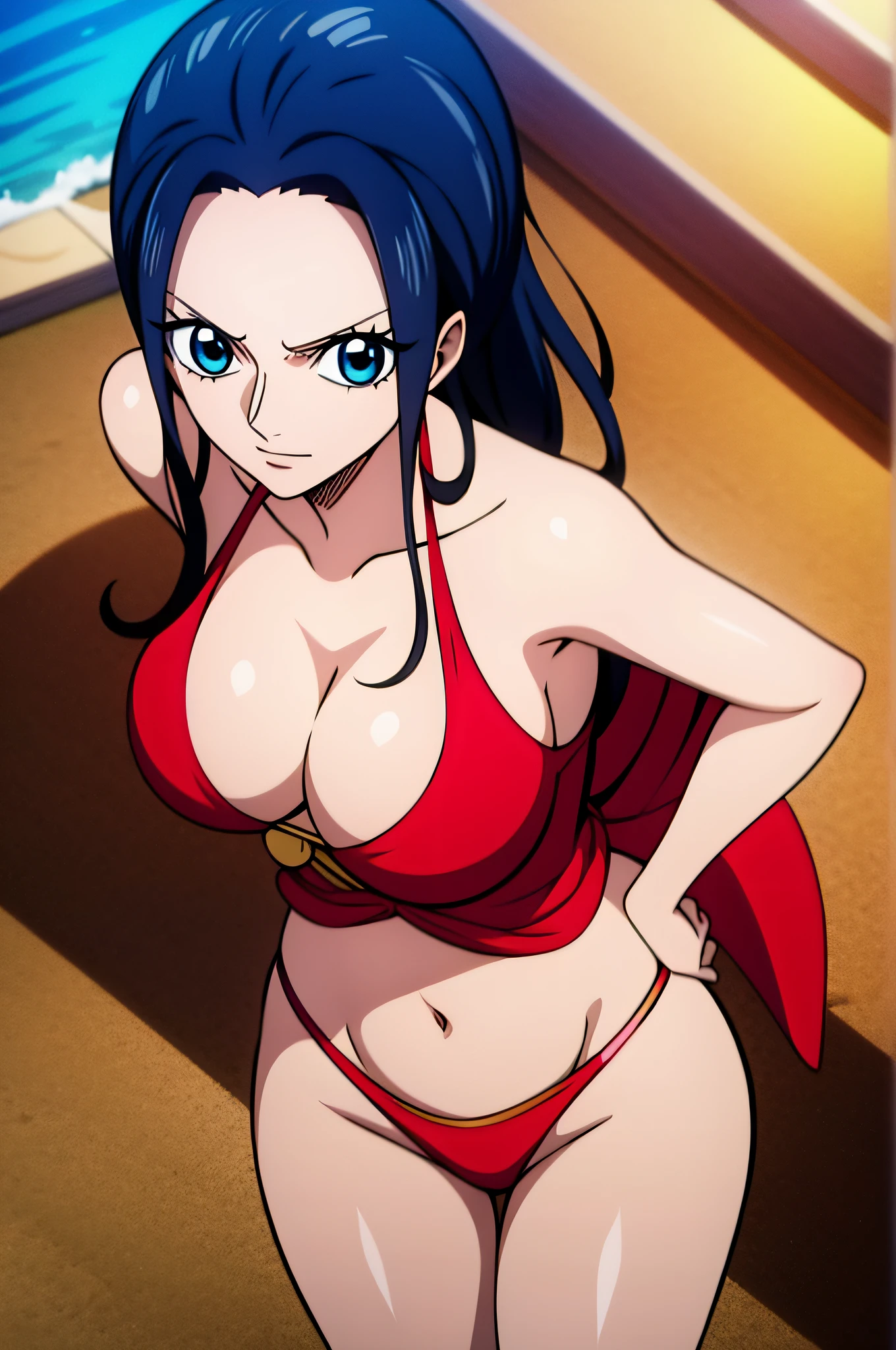 Robin de One Piece, sexy pose, What if , Elly, Red sari, 8k, anime, Shore, Big Boob, large ass, Looks sexy perfect quality eyes blue eyes standing blue bikini