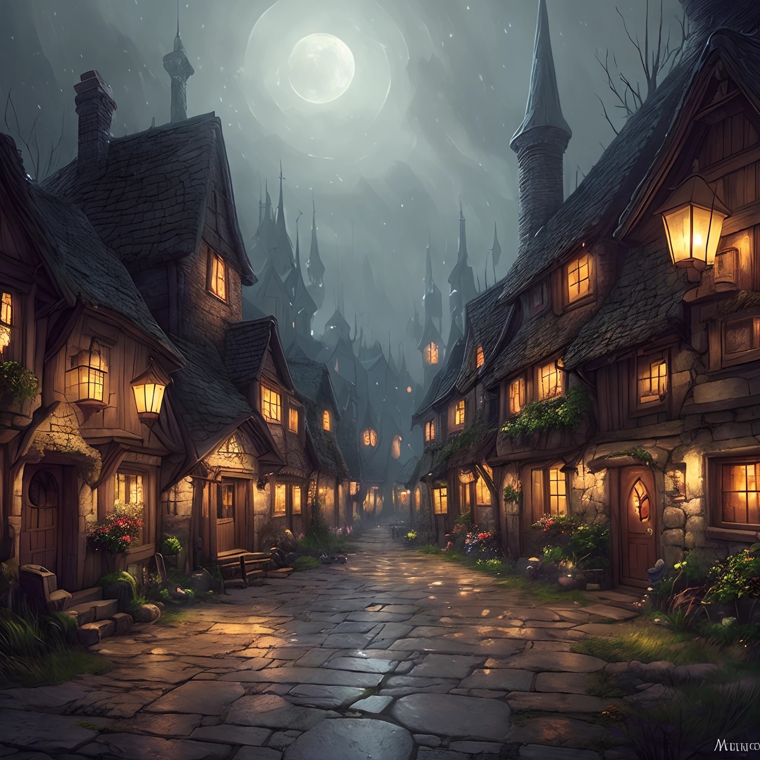 there is a small village with a pathway leading to it, fantasy town setting, medeival fantasy town, village in the woods, a small medieval village, medieval village, nightime village background, inspired by Andreas Rocha, fantasy atmospheric lighting, fantasy town, medieval fantasy game art, quaint village, fantasy tavern background, realistic fantasy render, stone wall