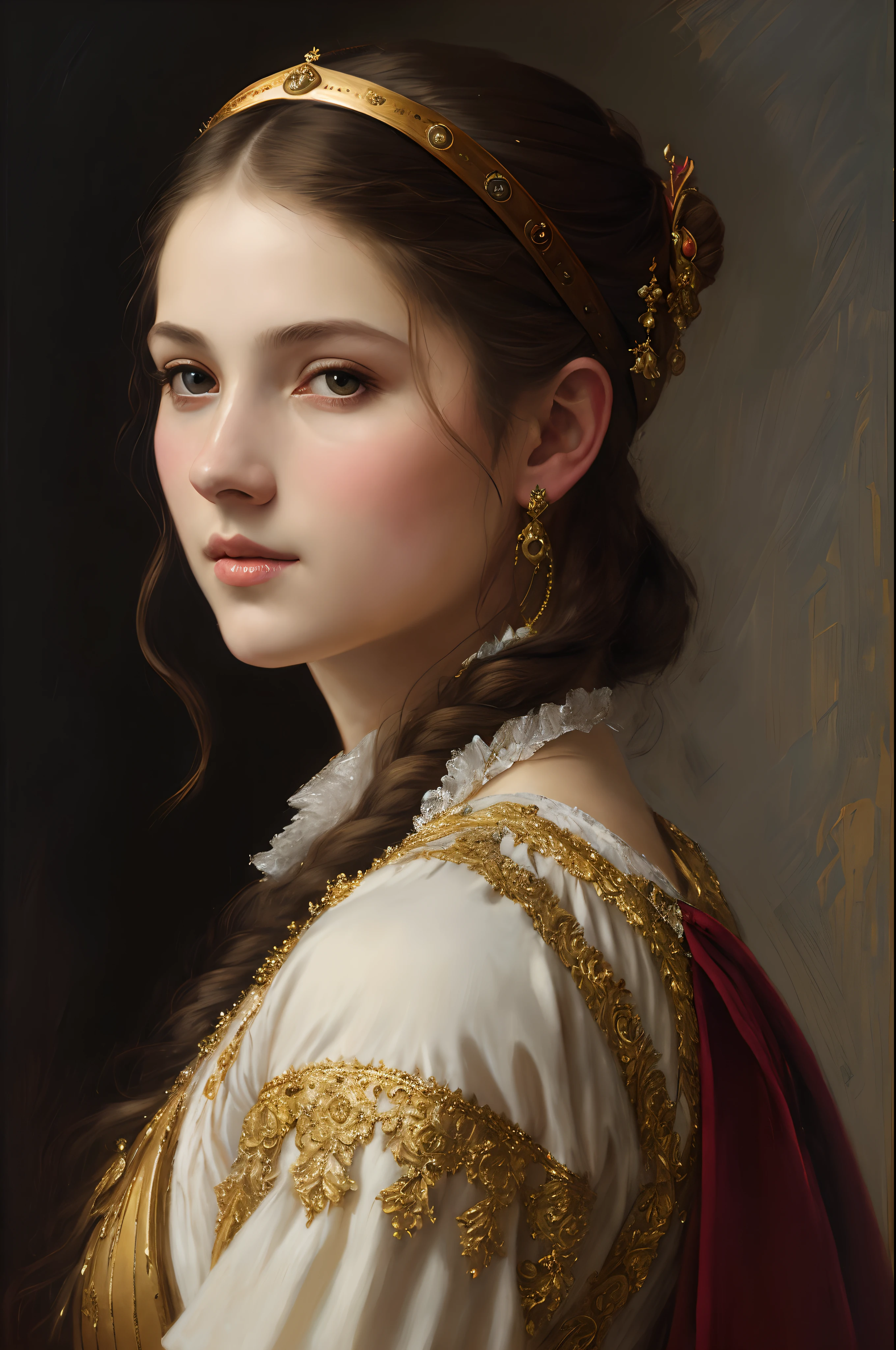 Masterpiece, portrait, girl, middle ages, classicism, andrey atroshenko style, painting, traditional media, realistic, figurative, fine art, detailed Art, oil on canvas, HDR, 8K, original character, high resolution, high detail, focus on the face, intricate, flawless